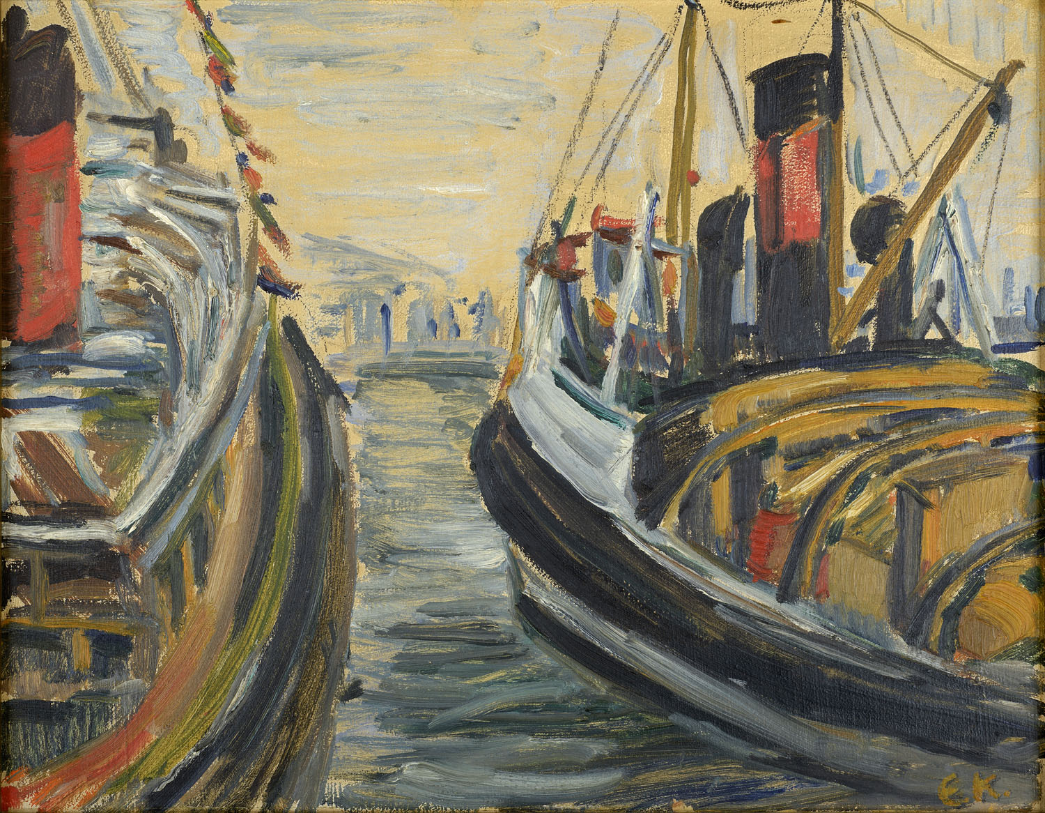 2 ships with red smokestacks and brown wooden masts in a port. Painting “Ships”