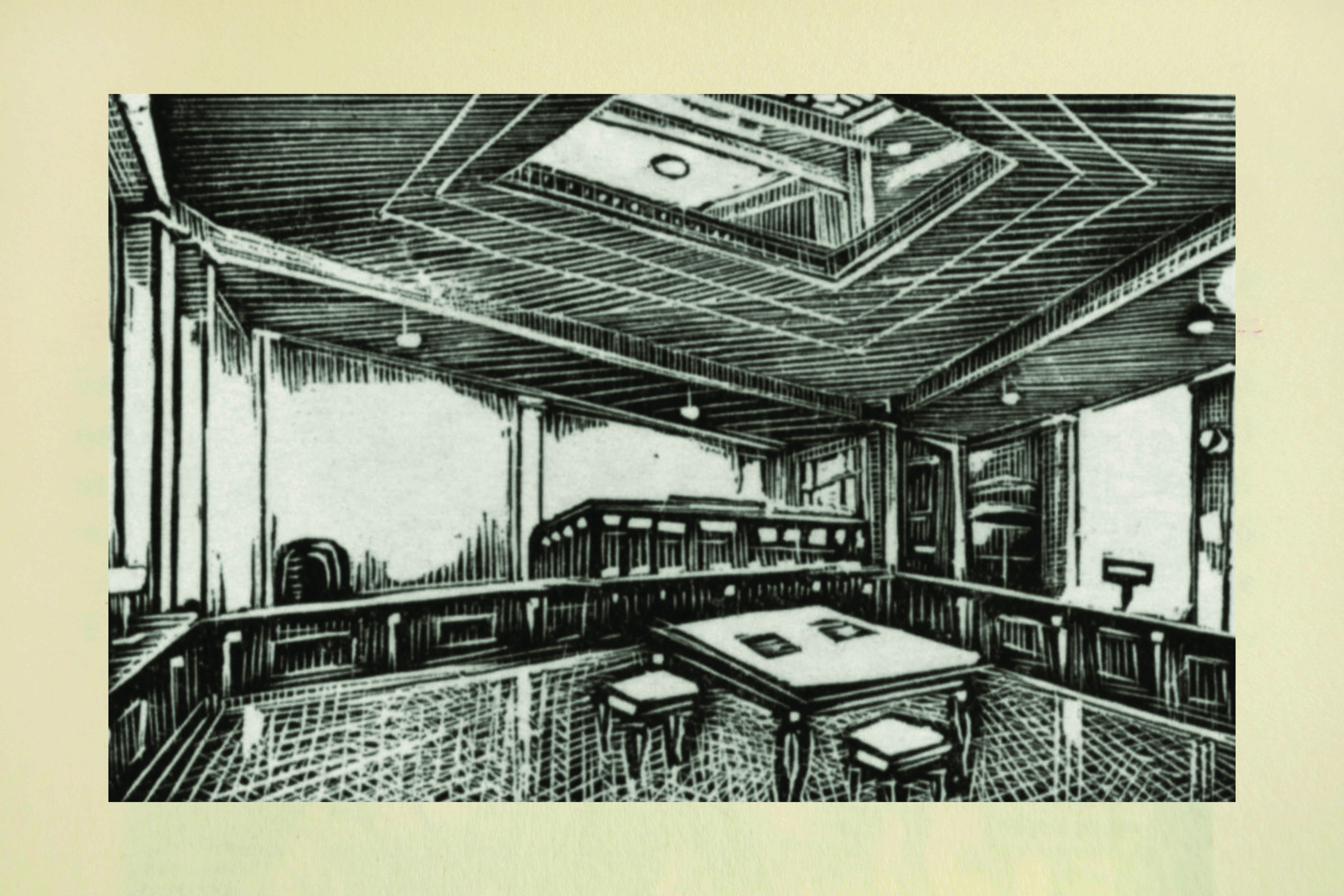Wood engraving in black with the interior of a Banque de Crédit Commercial Hellénique building.  Wood engraving in black with the exterior of the bank’s headquarters in Athens.