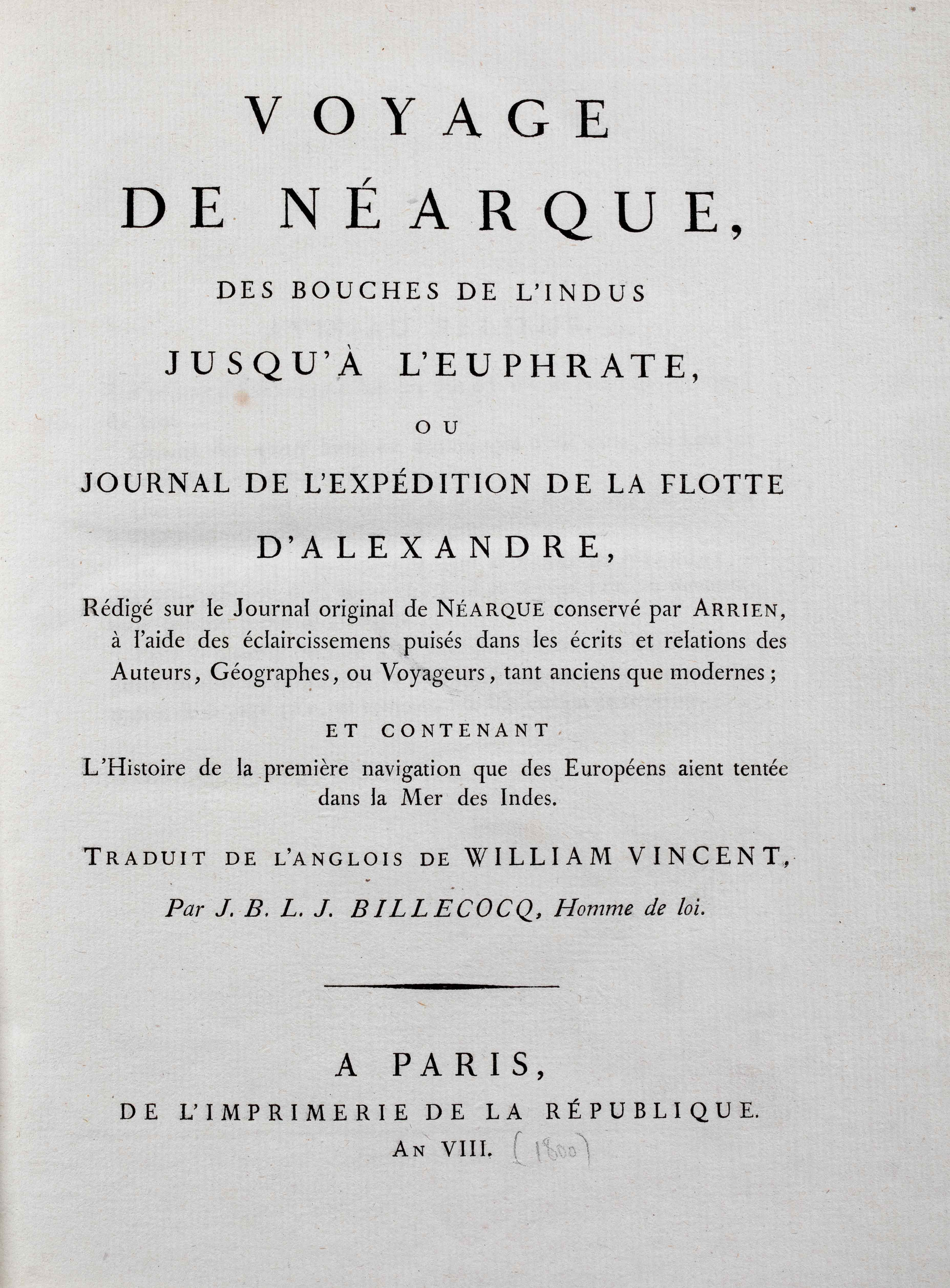 Page with the title, names of author and translator, place of publication and publisher’s name.  Page from Voyage de Néarque