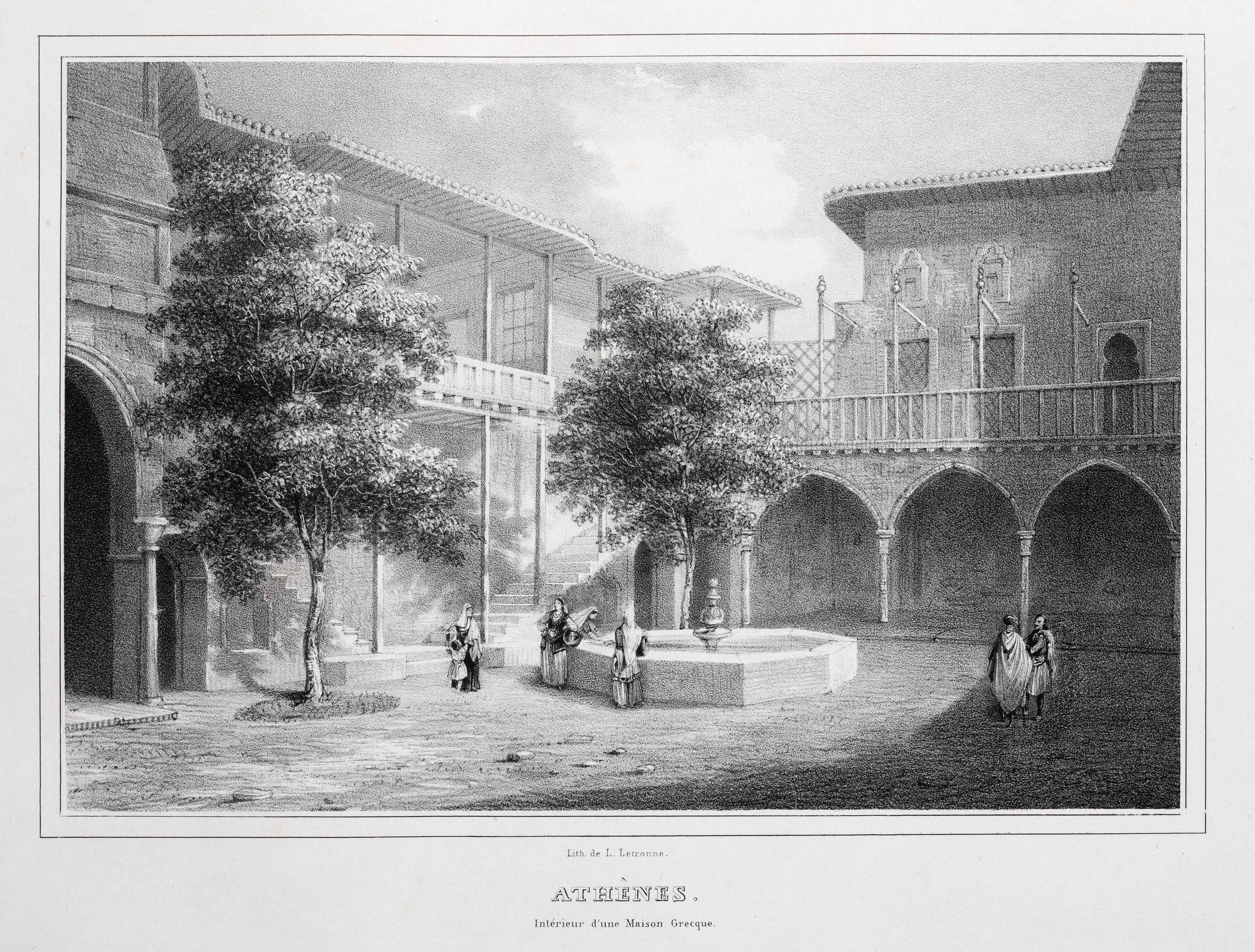 Page of Volume 2 with the courtyard of a Greek mansion, fountain and people all around. Page of the book La Grèce: vues pittoresques et topographiques