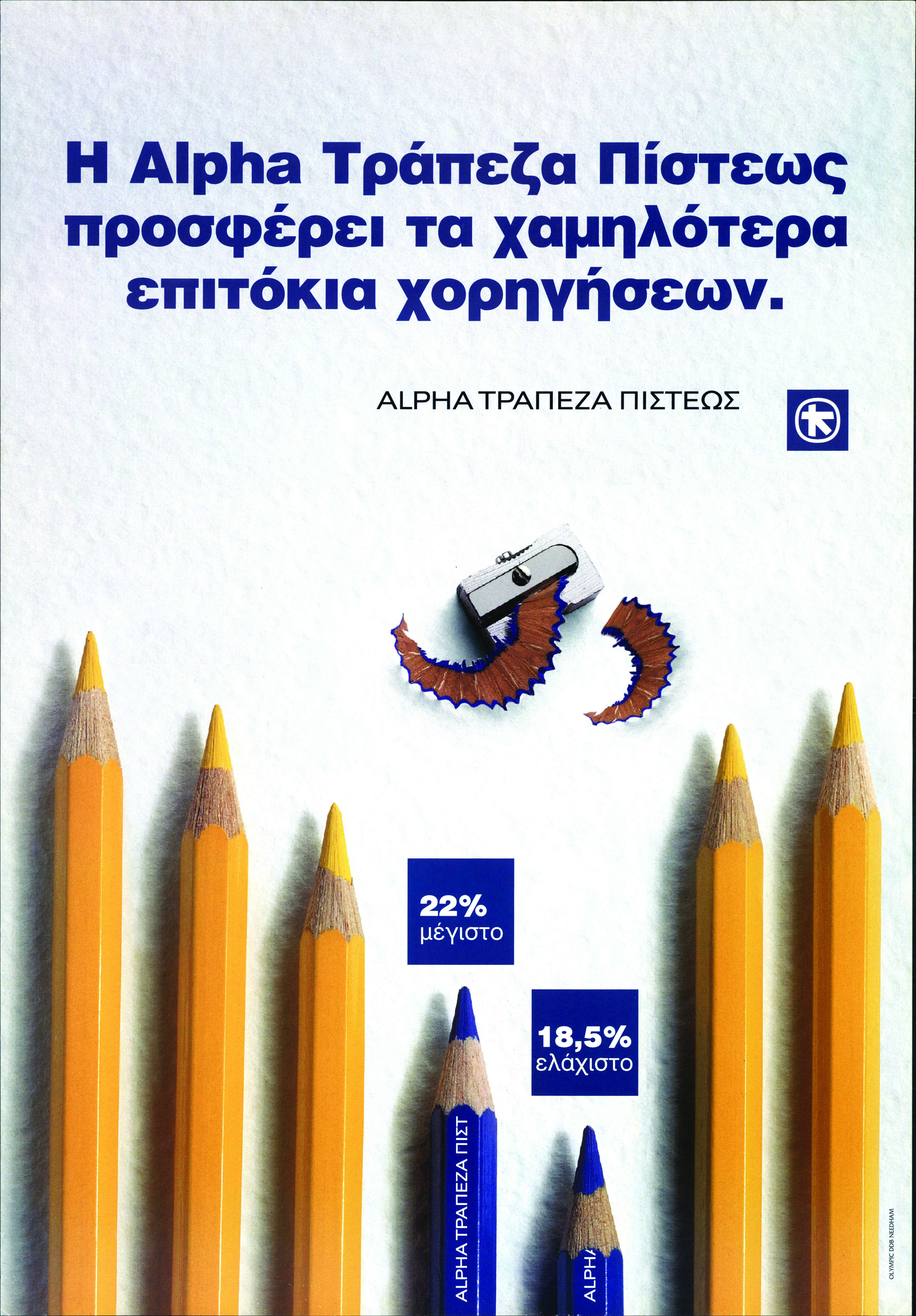 Ad with photo of 7 pencils and text reading Alpha Credit Bank offers loans at the lowest interest rates.  Alpha Credit Bank ad for loan interest rates
