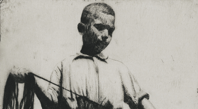 Detail of a young boy standing, holding a coiled rope.