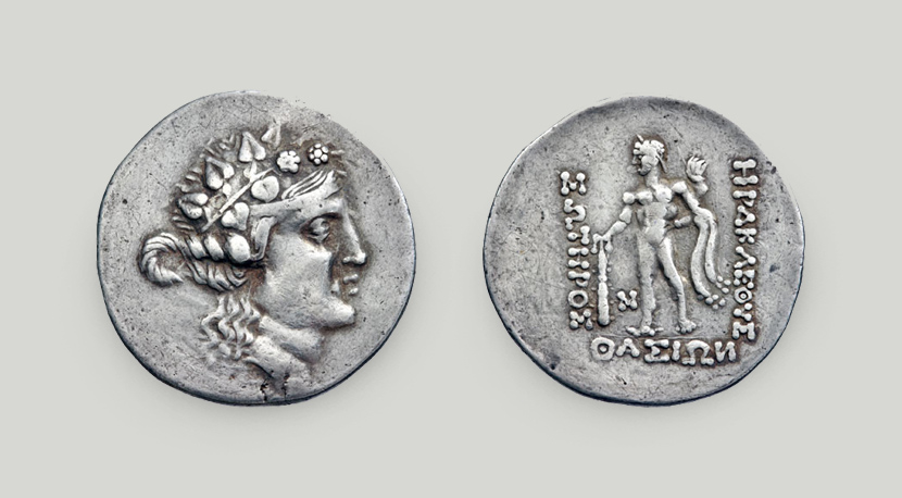 Left: obverse depicting a head of Dionysus; right: reverse depicting Heracles with club and lion skin. Legend: “HERCULES SAVIOUR OF THASIANS”.  Silver tetradrachm, Thasos