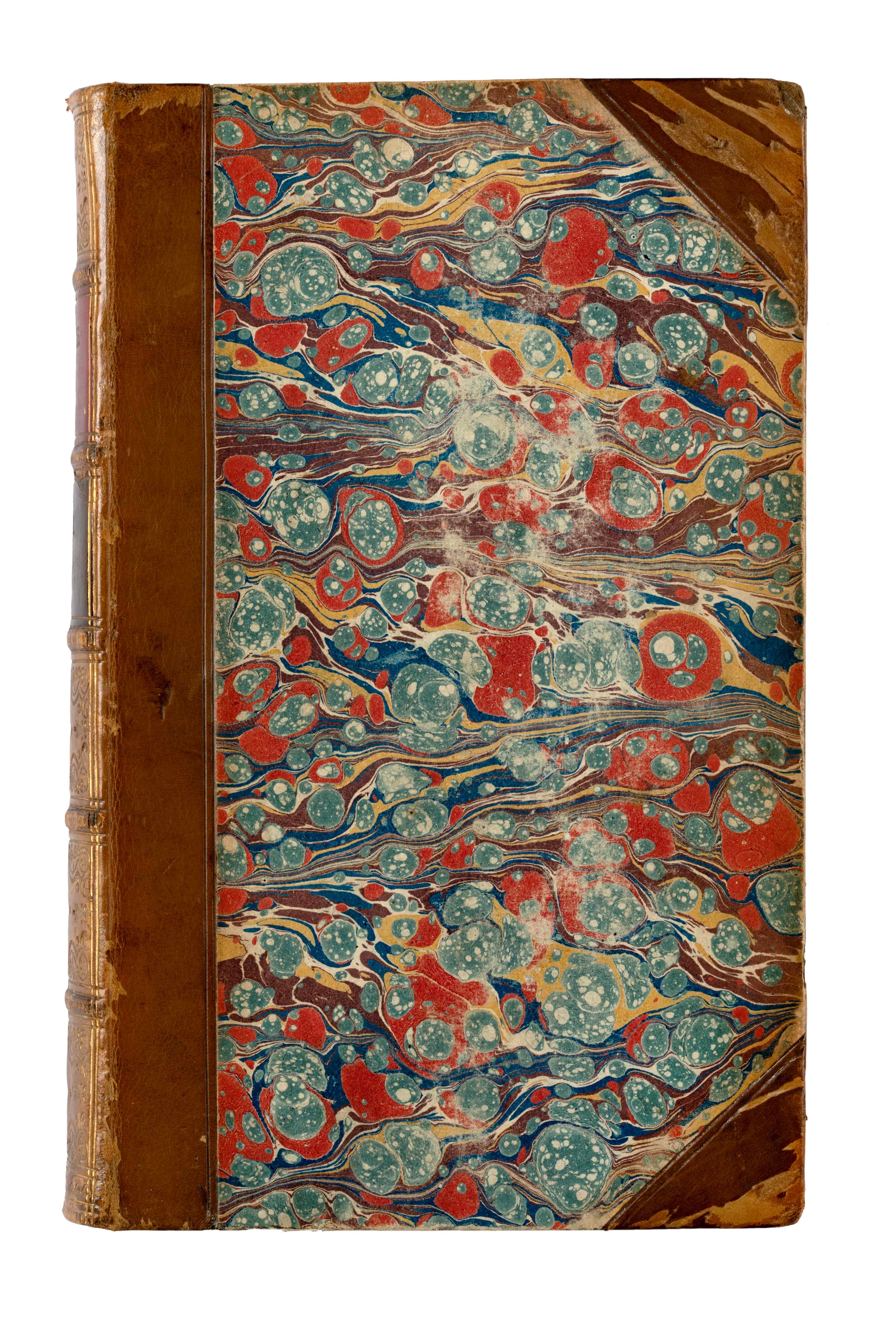 Multi-coloured brown leather cover, with damage on the book spine.  Cover of Thucydidis de bello Peloponnesiaco