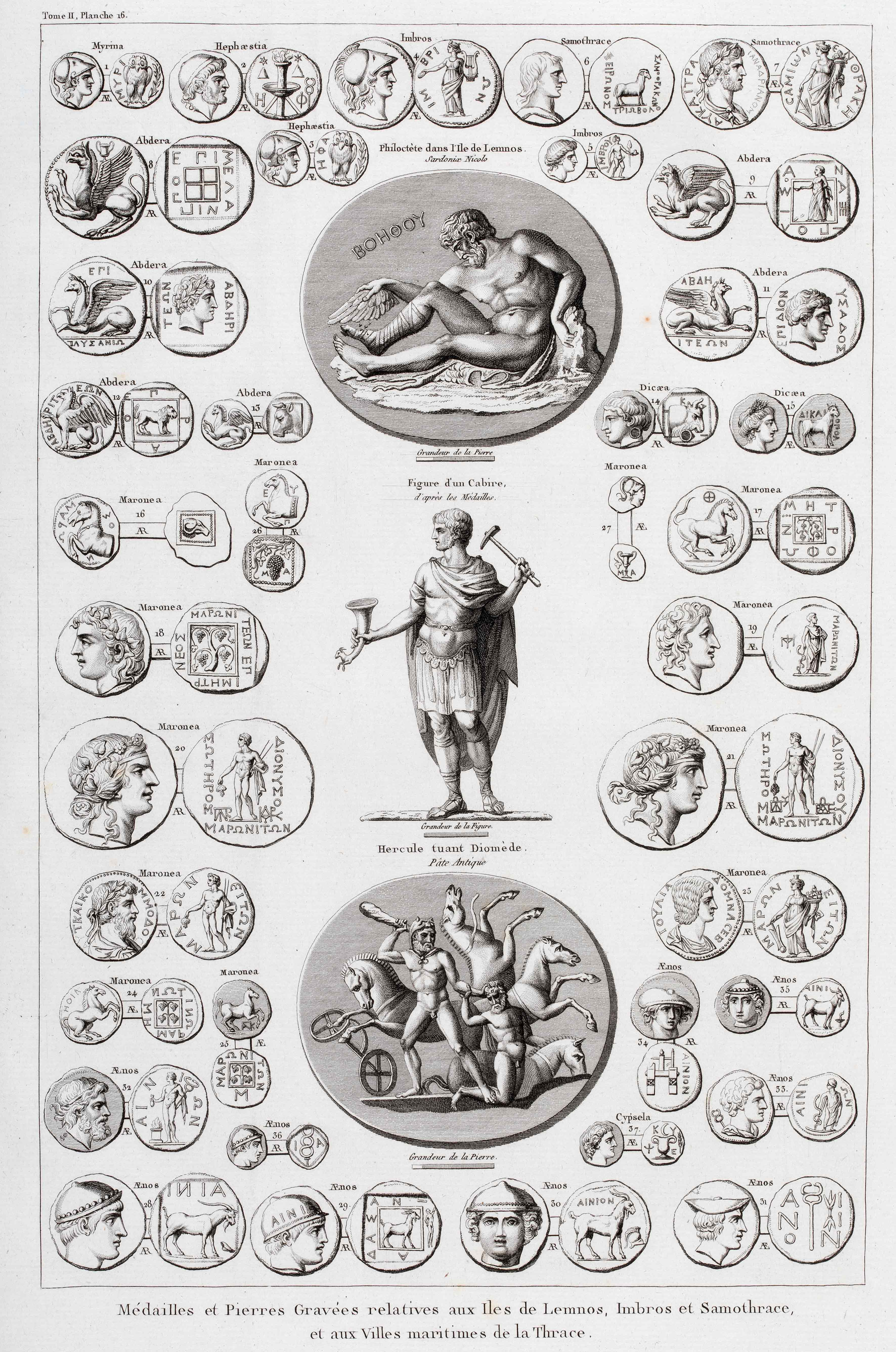 Ancient medals from Lemnos, Imbros, Samothrace and Thrace. Page of the book Voyage pittoresque de la Grèce, Tome 2