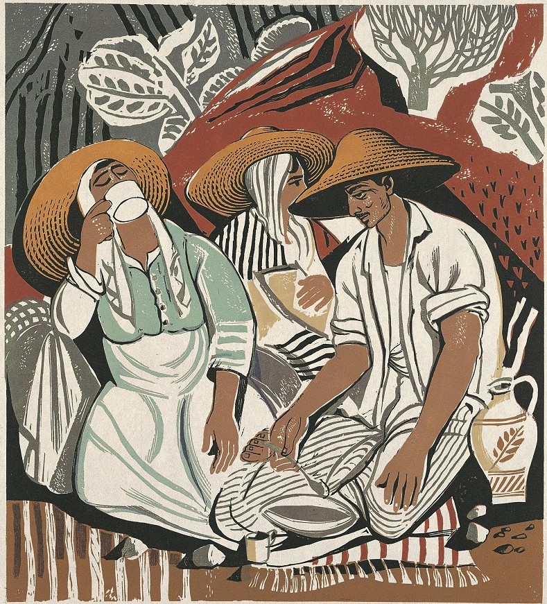 Έγχρωμη ξυλογραφία με αγρότες που ξεκουράζονται στη φύση. Το φόντο είναι κυανό και καστανοκόκκινο και οι μορφές φορούν λευκά ρούχα και κίτρινα καπέλα. 