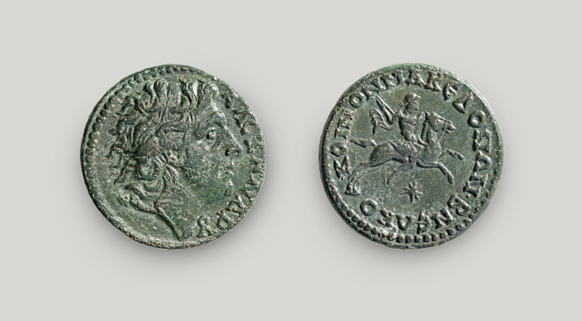 Two sides of bronze coin of Gordian III. On the obverse head of Alexander in profile, on the reverse Alexander riding Bucephalus.  Two sides of bronze coin issued under Gordian III