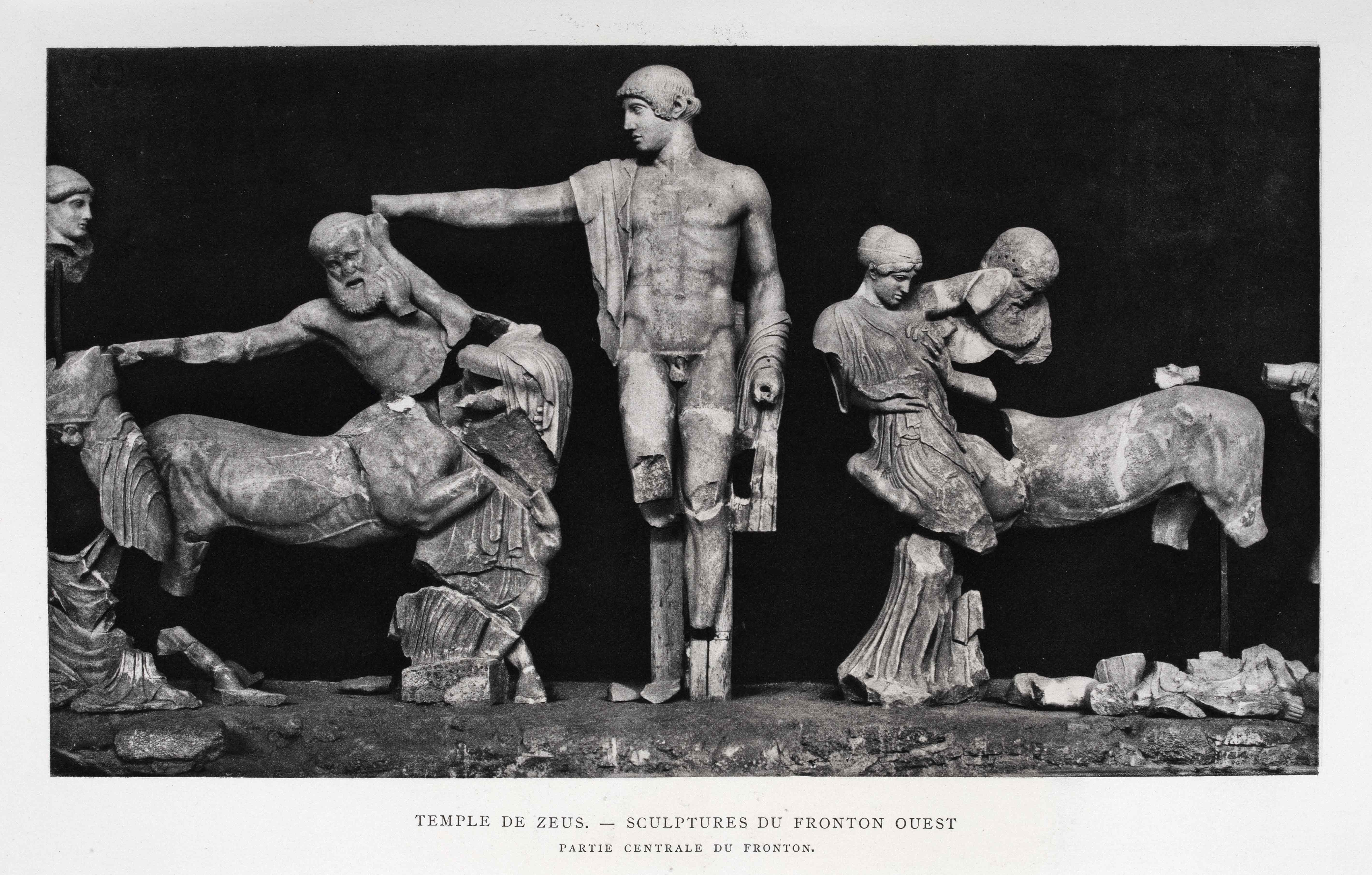 Marble sculptures from the west metope of the Temple of Zeus, with gods and part of horses’ bodies.  Page from Restauration d’Olympie