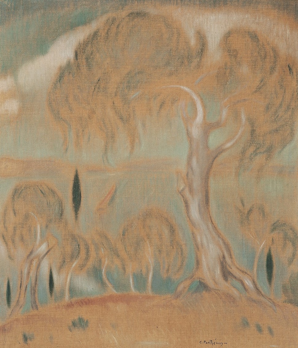 Painting with a hill and a tree with orange leaves. In the background a lake, sky with clouds and orange hills. “Konstantinos Parthenis. Painting and Ideal Greece”