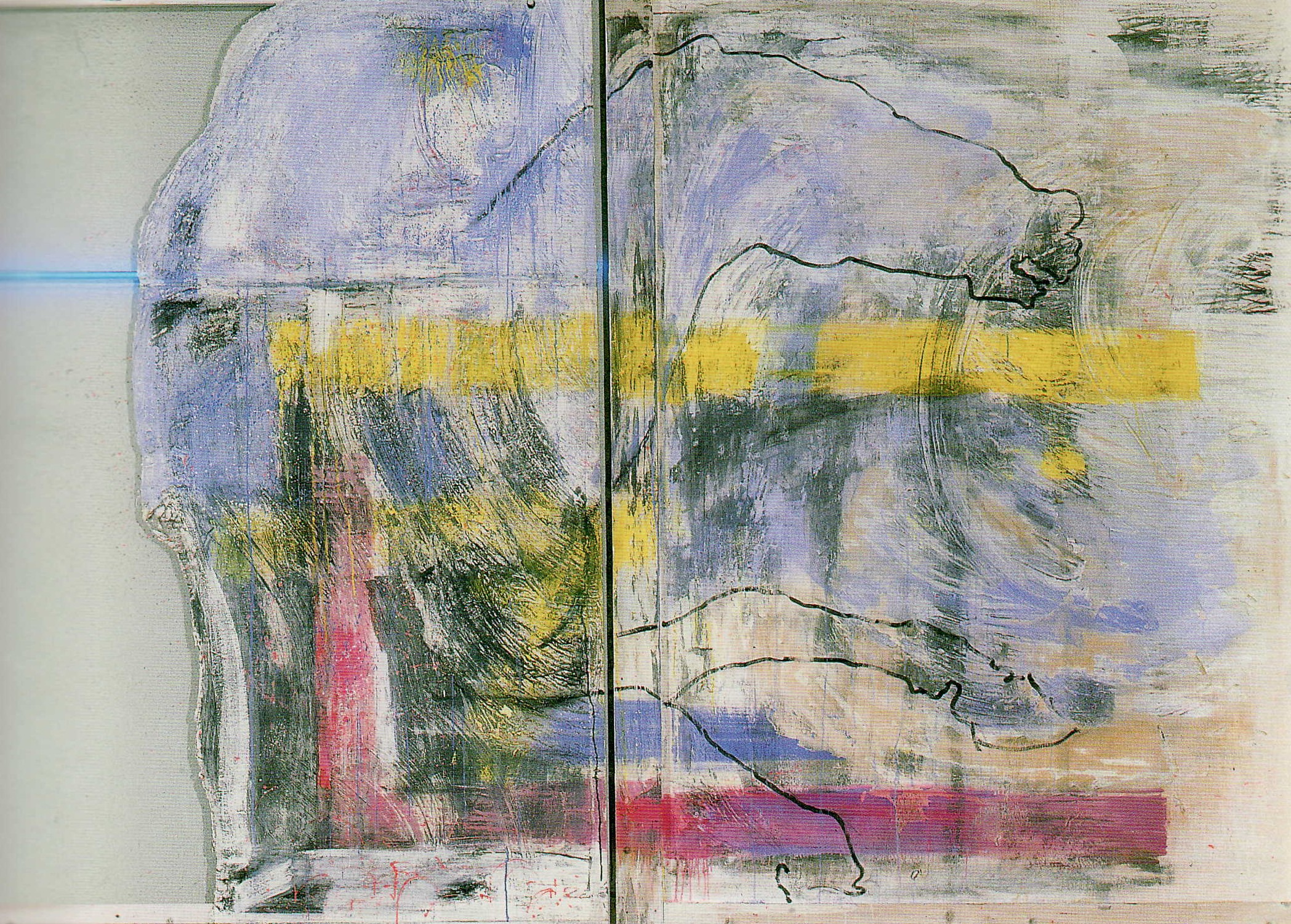 Assemblage with outline of a horse, pink, light blue, green and yellow colours and a blue neon light.  Assemblage with outline of a horse, pink, light blue, green and yellow colours and a blue neon light.