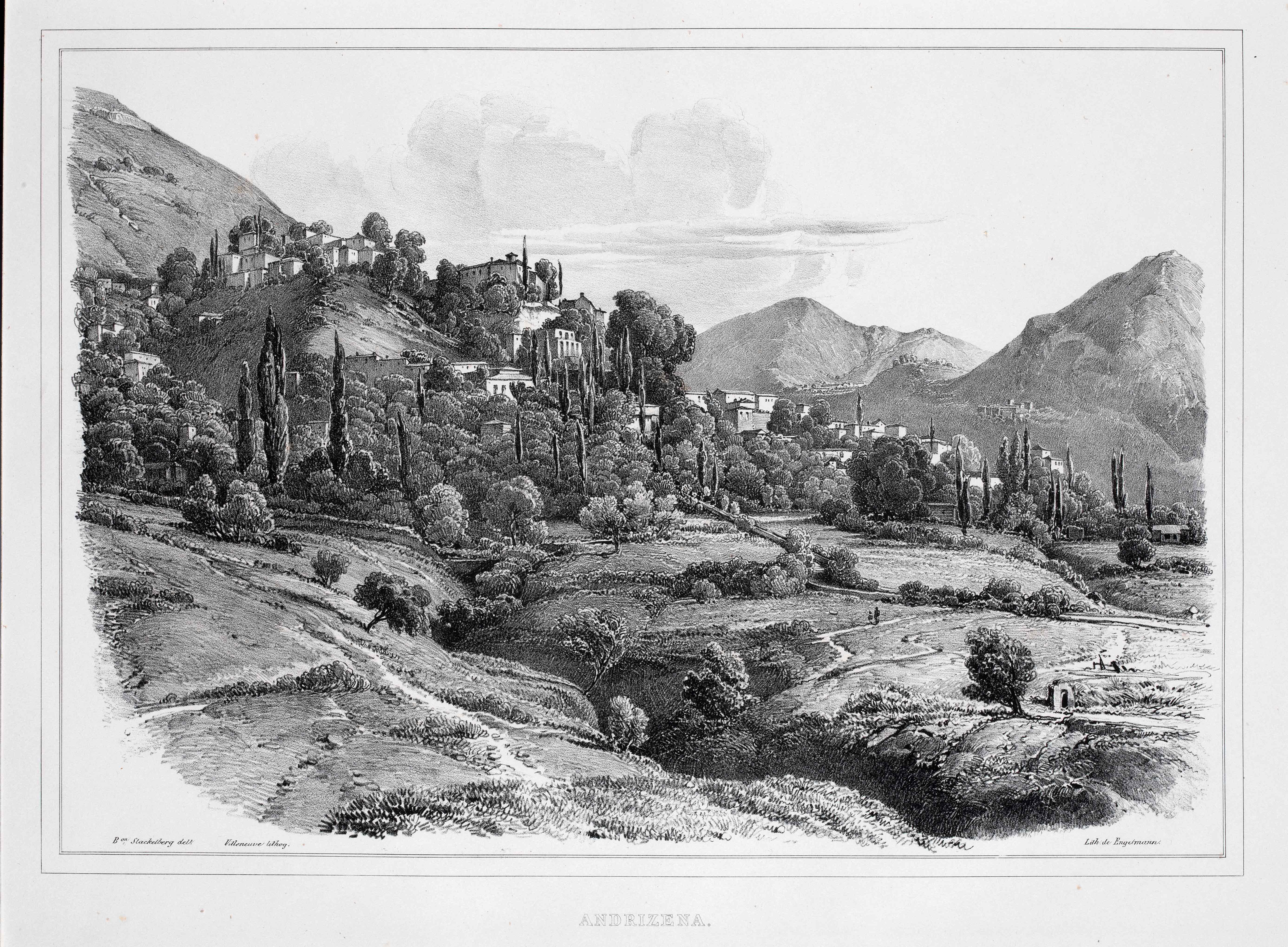 Page of Volume 1 of La Grèce: vues pittoresques et topographiques with a view of Andritsaina in Elis.  Page of La Grèce: vues pittoresques et topographiques – Vol. 1