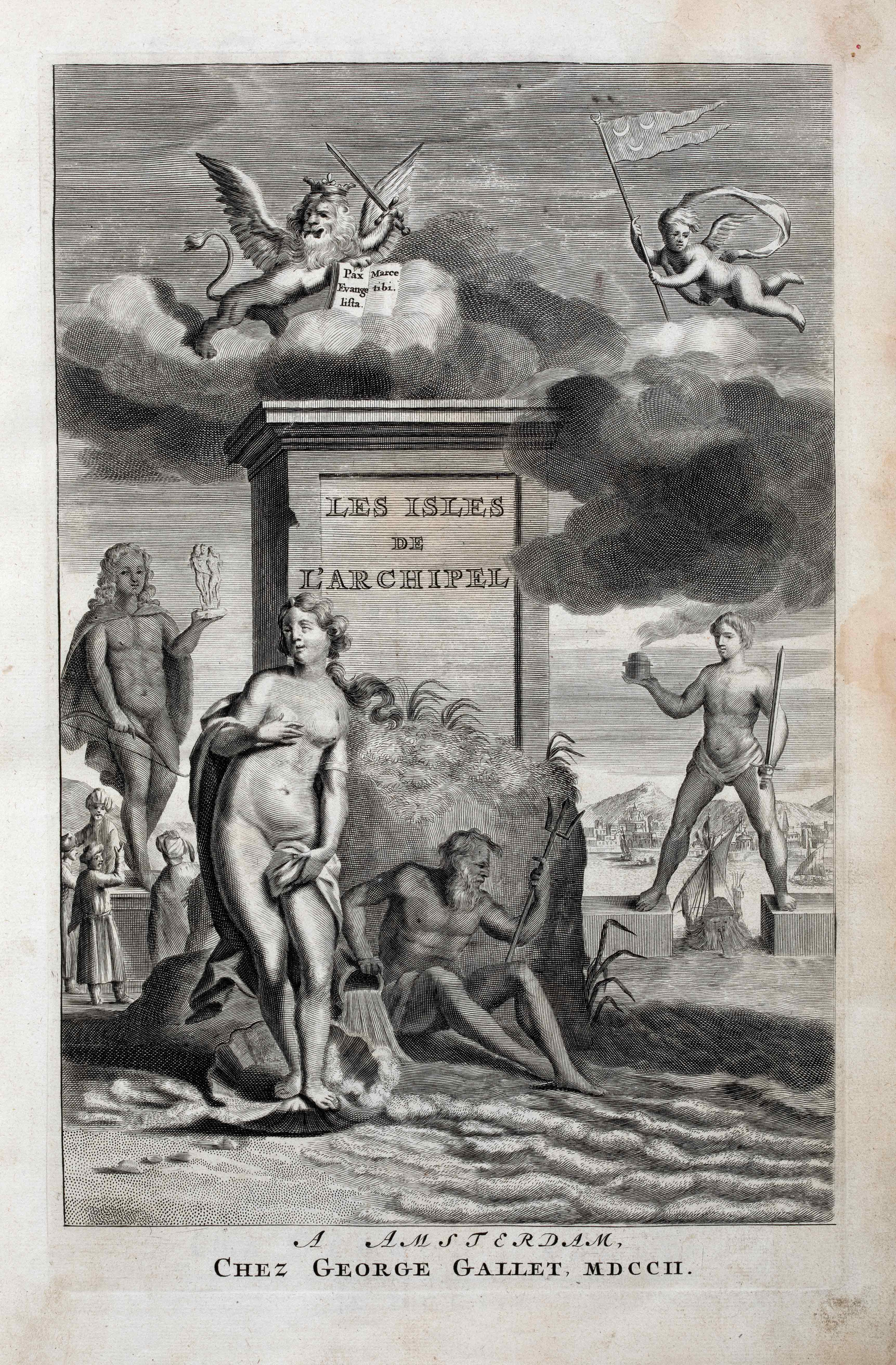 Cover page with gods and mythical creatures and the title LES ISLES DE L’ ARCHIPEL  Cover of the book Description exacte des isles de l'archipel