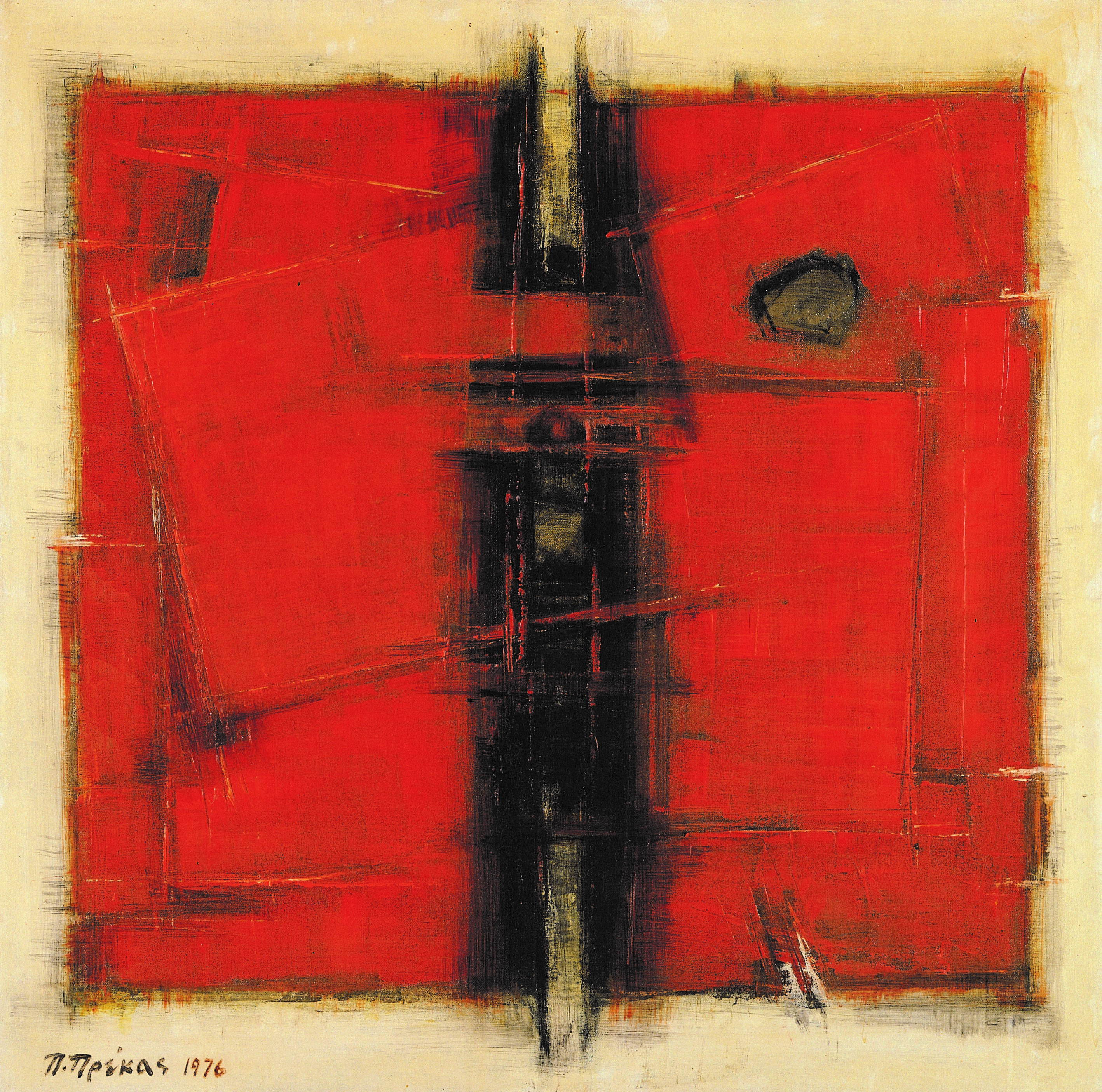 A stern abstract form in black over a bright red background with geometric shapes. 