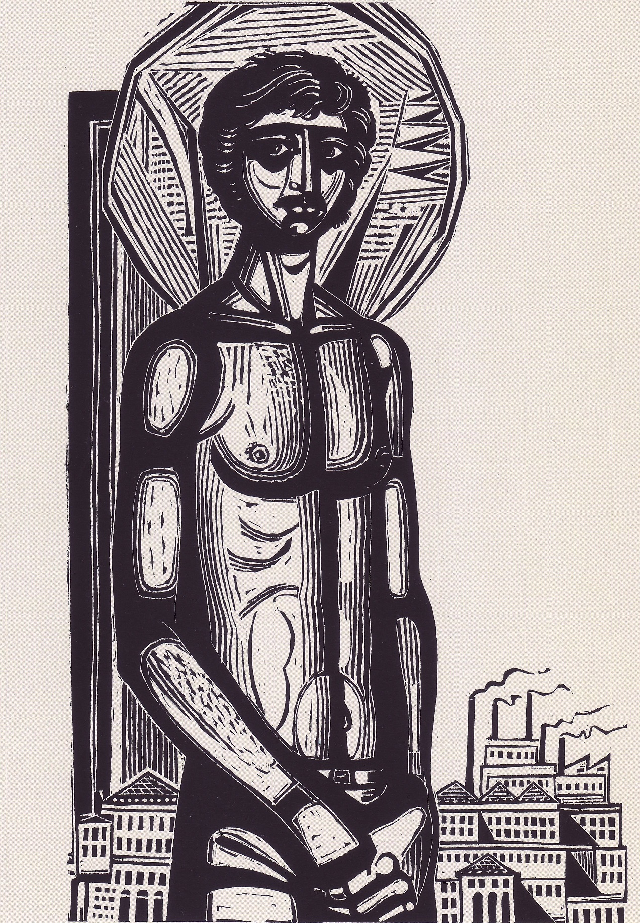 Η προμετωπίδα του βιβλίου με τον νεκρό ως βυζαντινή μορφή με φωτοστέφανο και εργοστάσια στο φόντο.  Η προμετωπίδα του βιβλίου με τον νεκρό ως βυζαντινή μορφή με φωτοστέφανο και εργοστάσια στο φόντο.