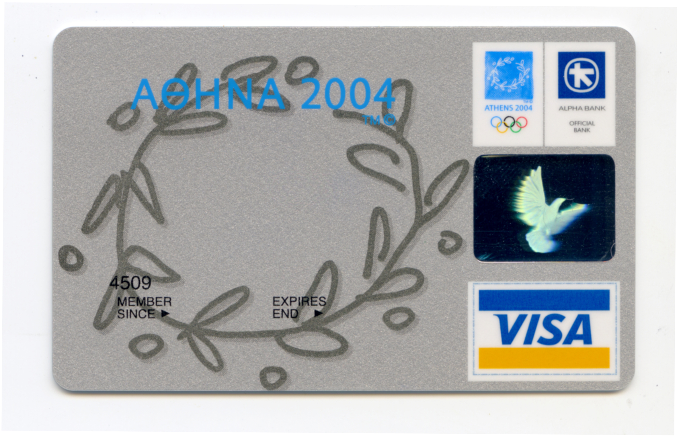Athens 2004 Silver VISA credit card in grey, with olive wreath and the Athens 2004 and Alpha Bank logos.  Alpha Bank’s Athens 2004 Silver VISA