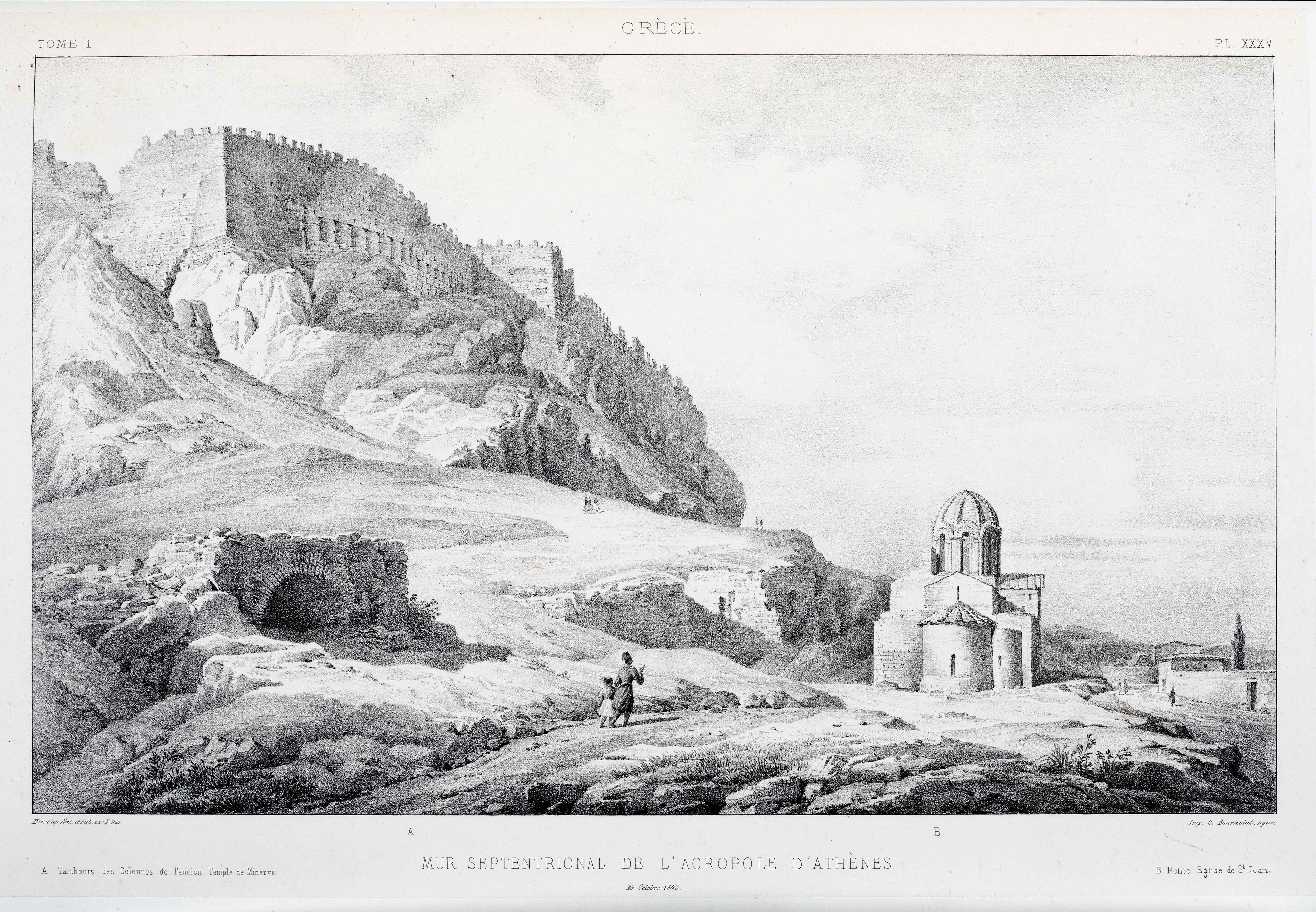 Chalcography print depicting the northern wall of the Acropolis of Athens.  Chalcography print from the book Voyage pittoresque en Grèce et dans le levant