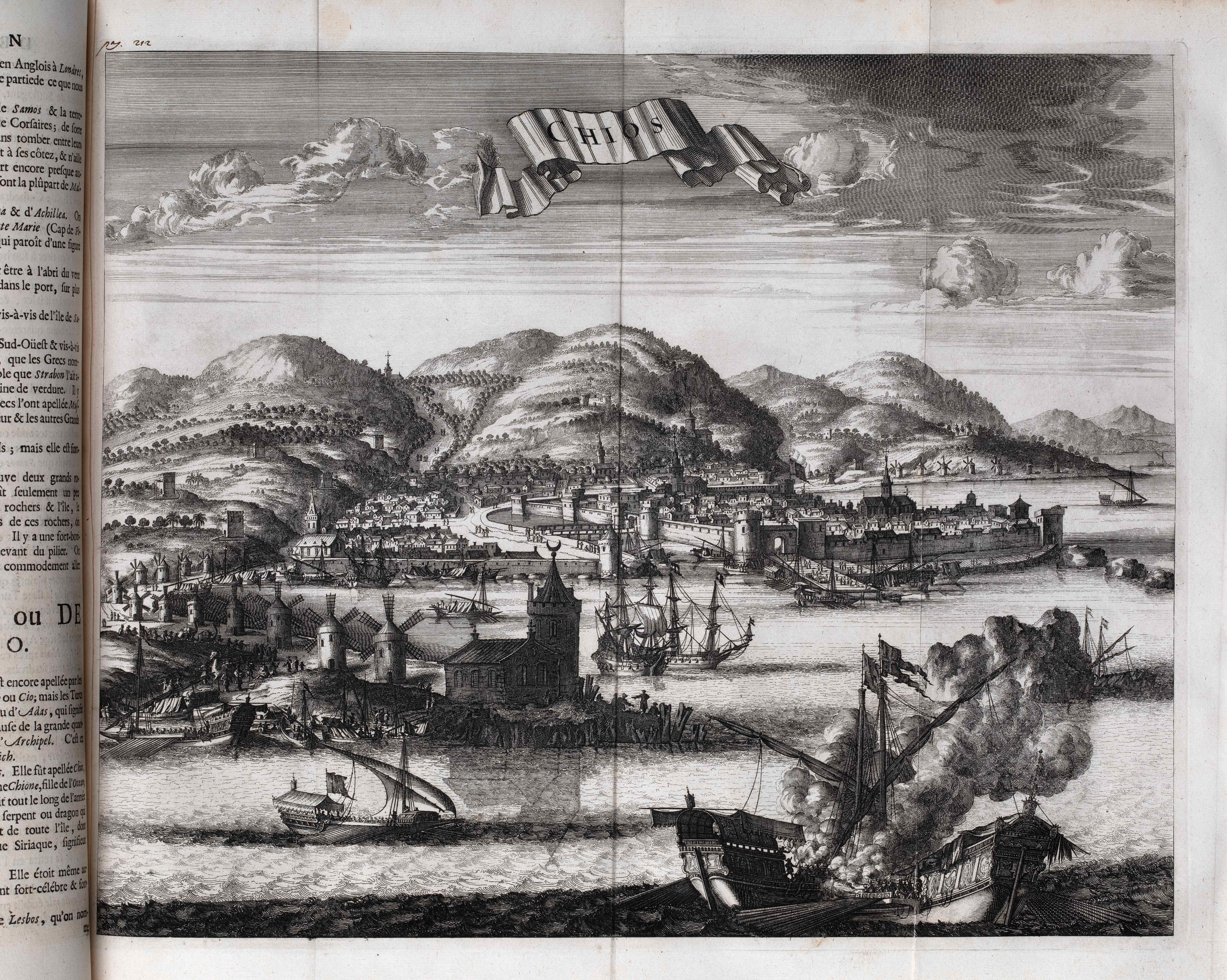 Etching depicting the sea battle of Chios. Page from the book Description exacte des isles de l'archipel