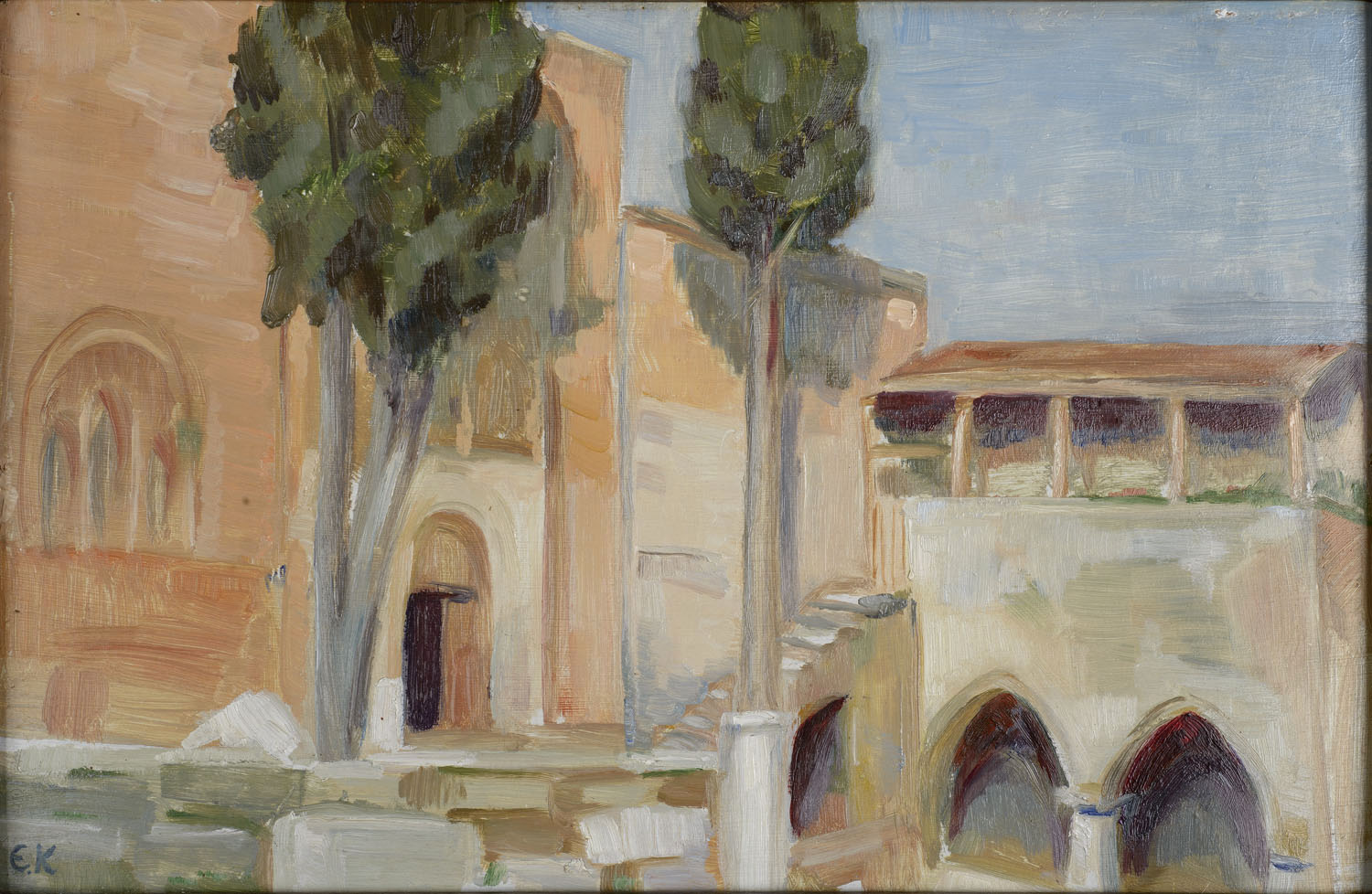 A monastery façade with a gate on the left. Two tall cypress trees on either side of the gate. A staircase and arcs on the right. Painting “The Monastery in Dafni”