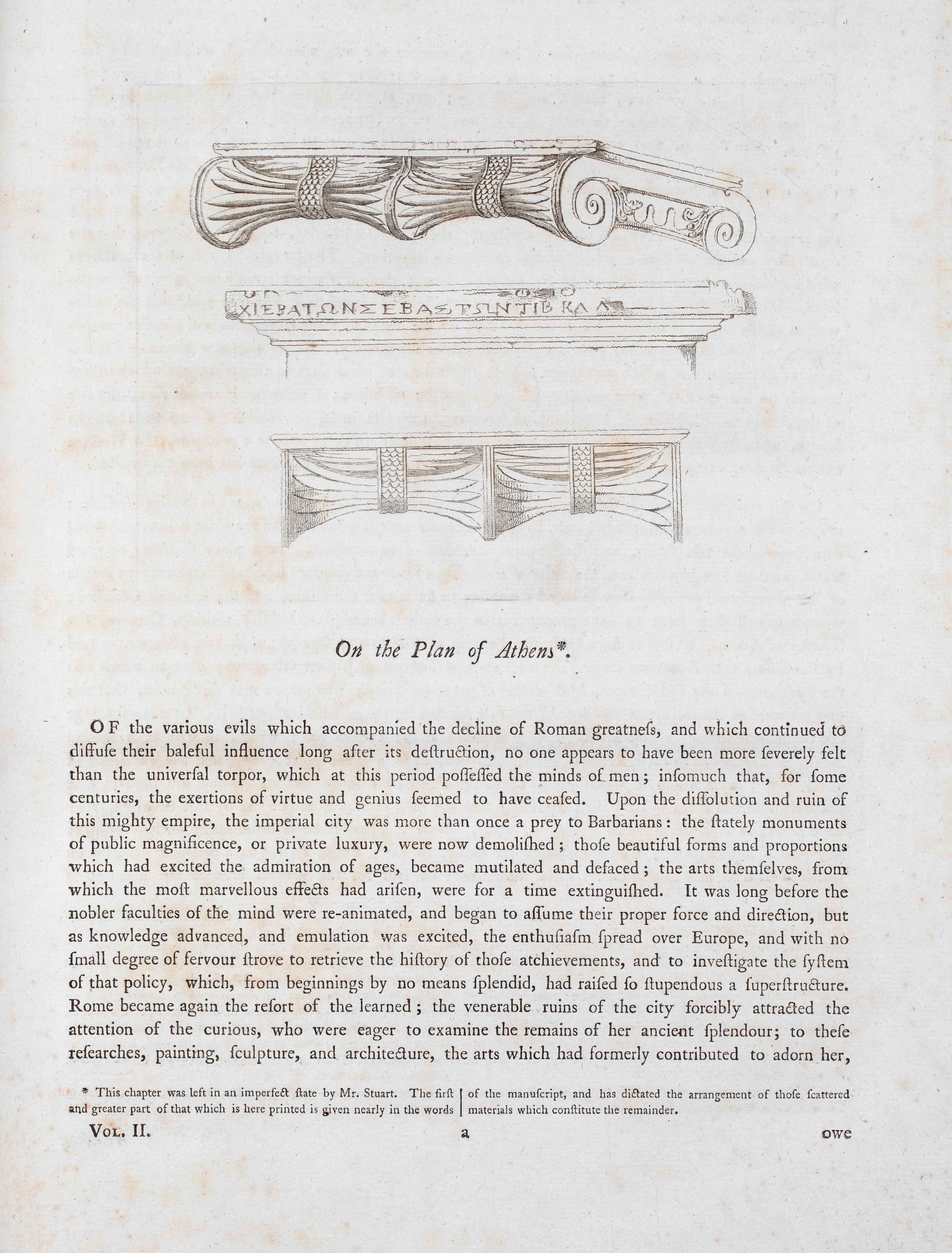 Drawings of Ancient Greek capitals and extensive text. Page from the book The Antiquities of Athens. Volume the Third
