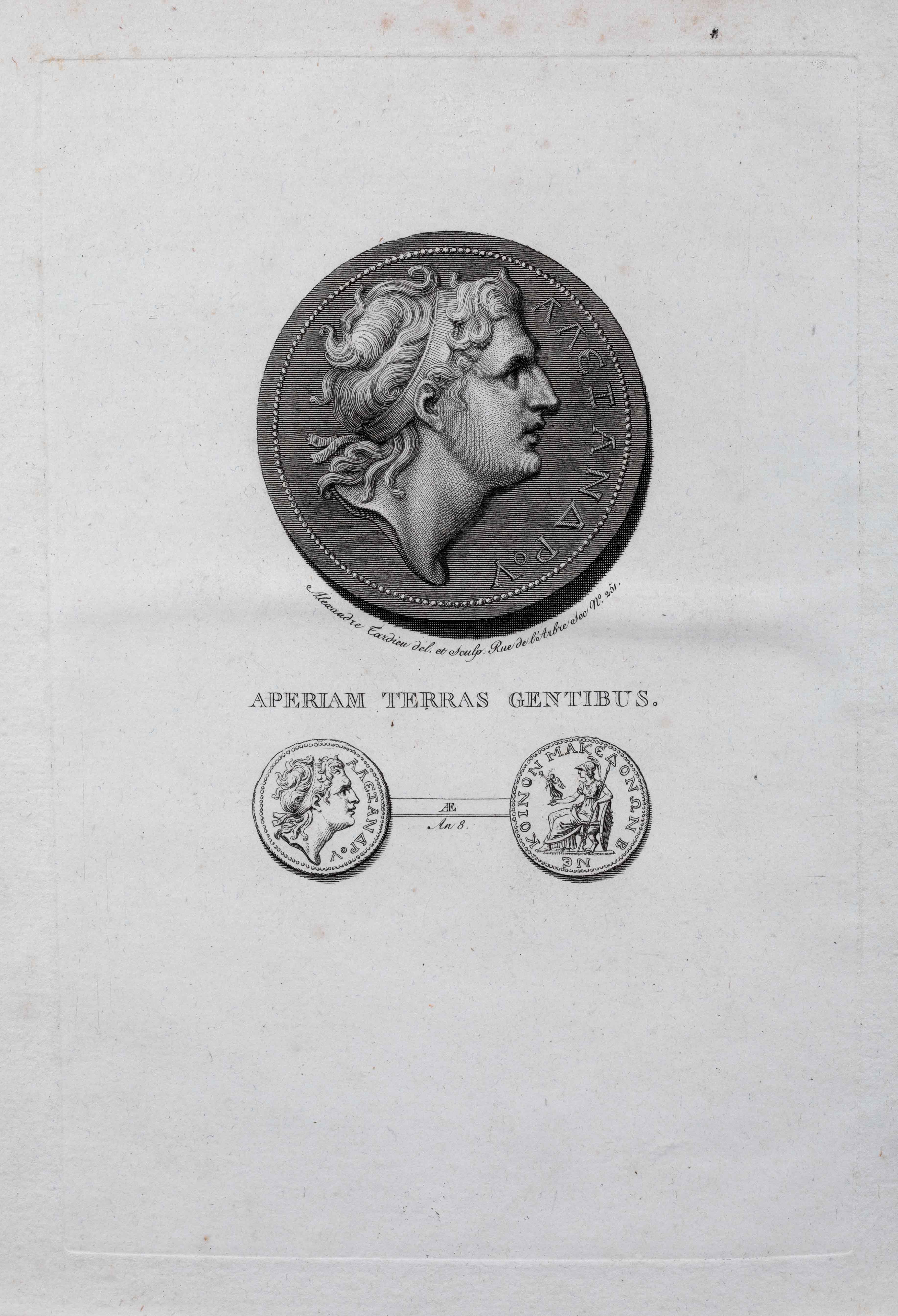 Etching of a coin showing a head and the inscription ALEXANDROU. Underneath, the two sides on a smaller scale.  Page from Voyage de Néarque