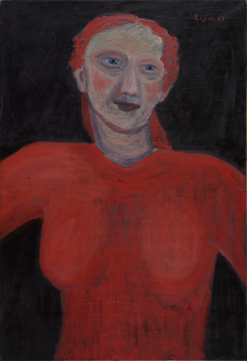 Red woman on black background