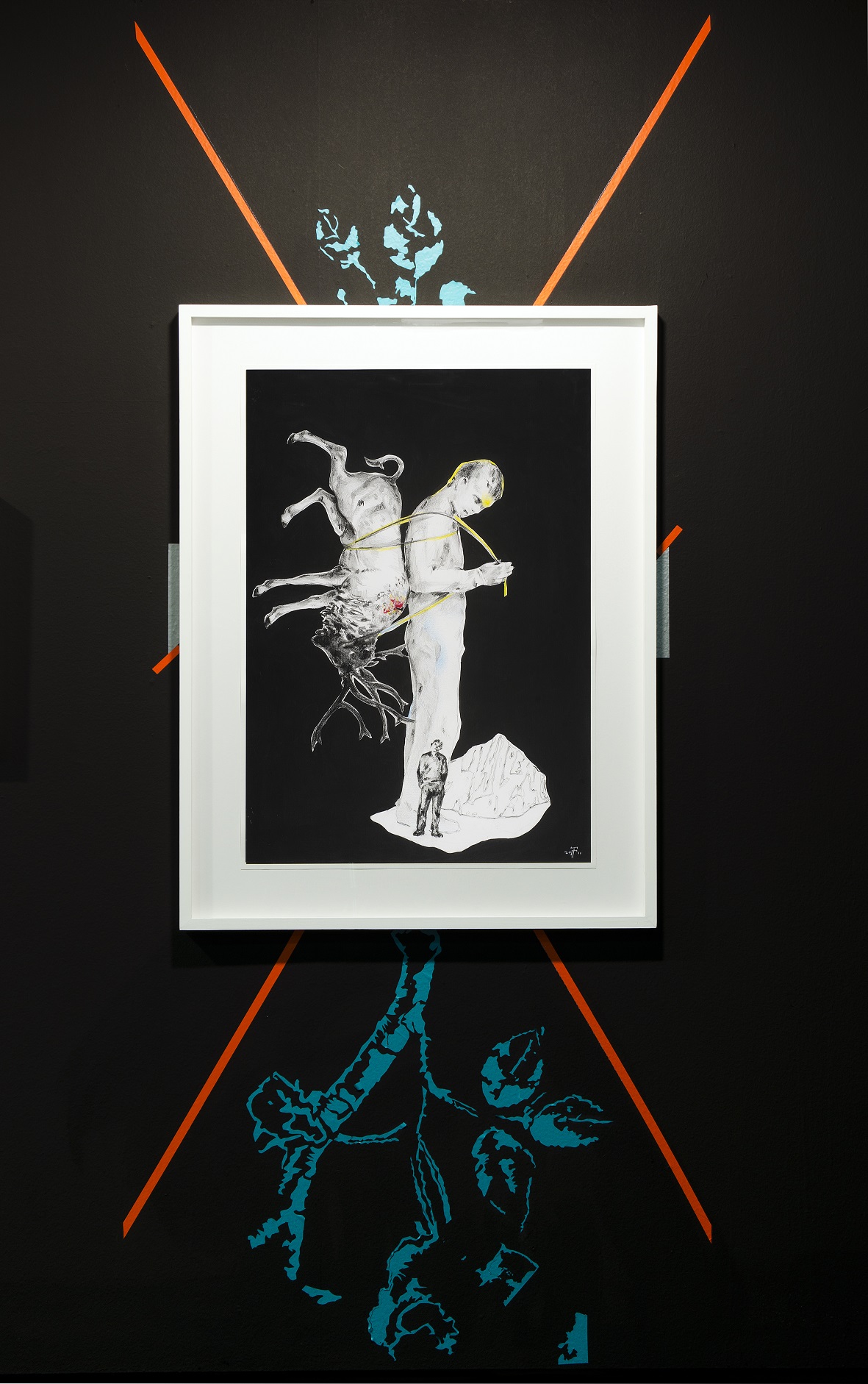 Print from the exhibition Digitals with a human figure tied to a horned animal. A second figure stands at its feet.  Print from the exhibition “Digitals”