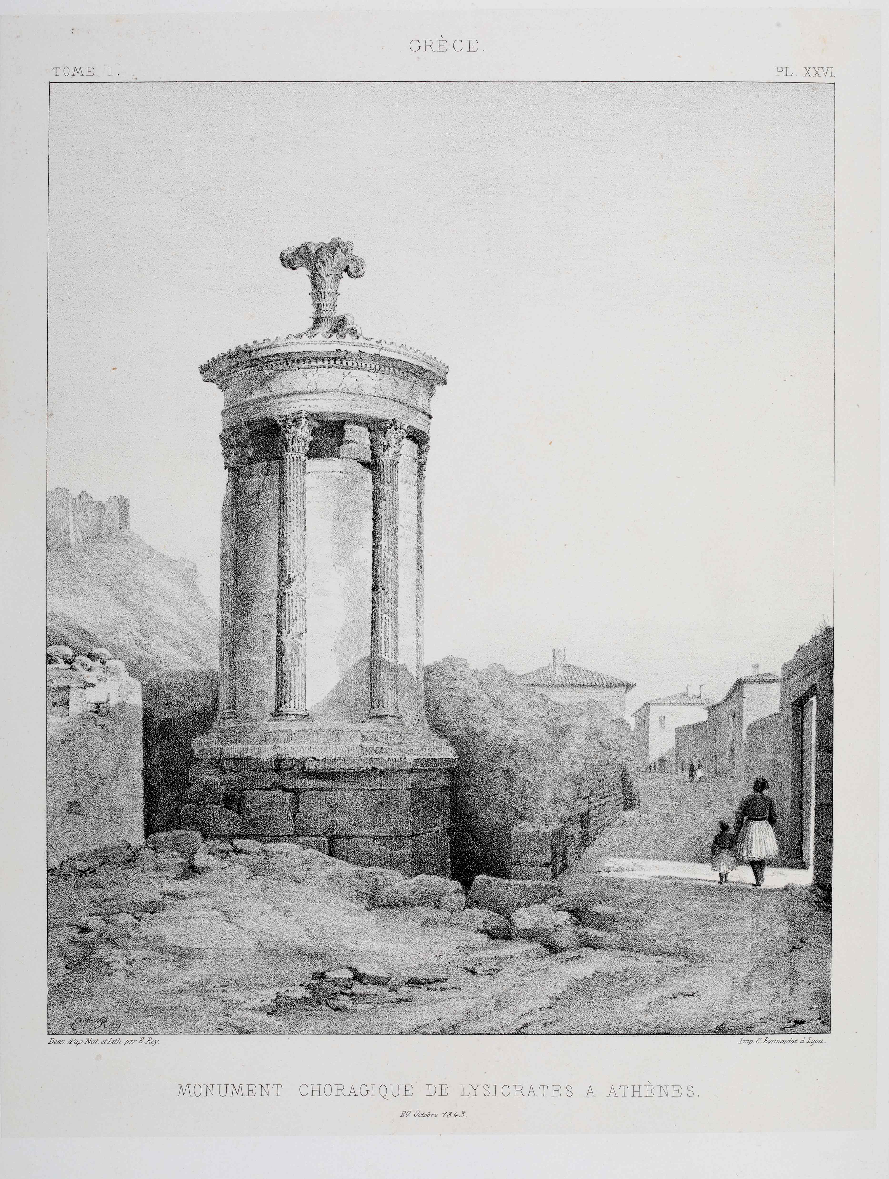 Chalcography print depicting the Choragic Monument of Lysicrates in Athens.  Chalcography print from the book Voyage pittoresque en Grèce et dans le levant