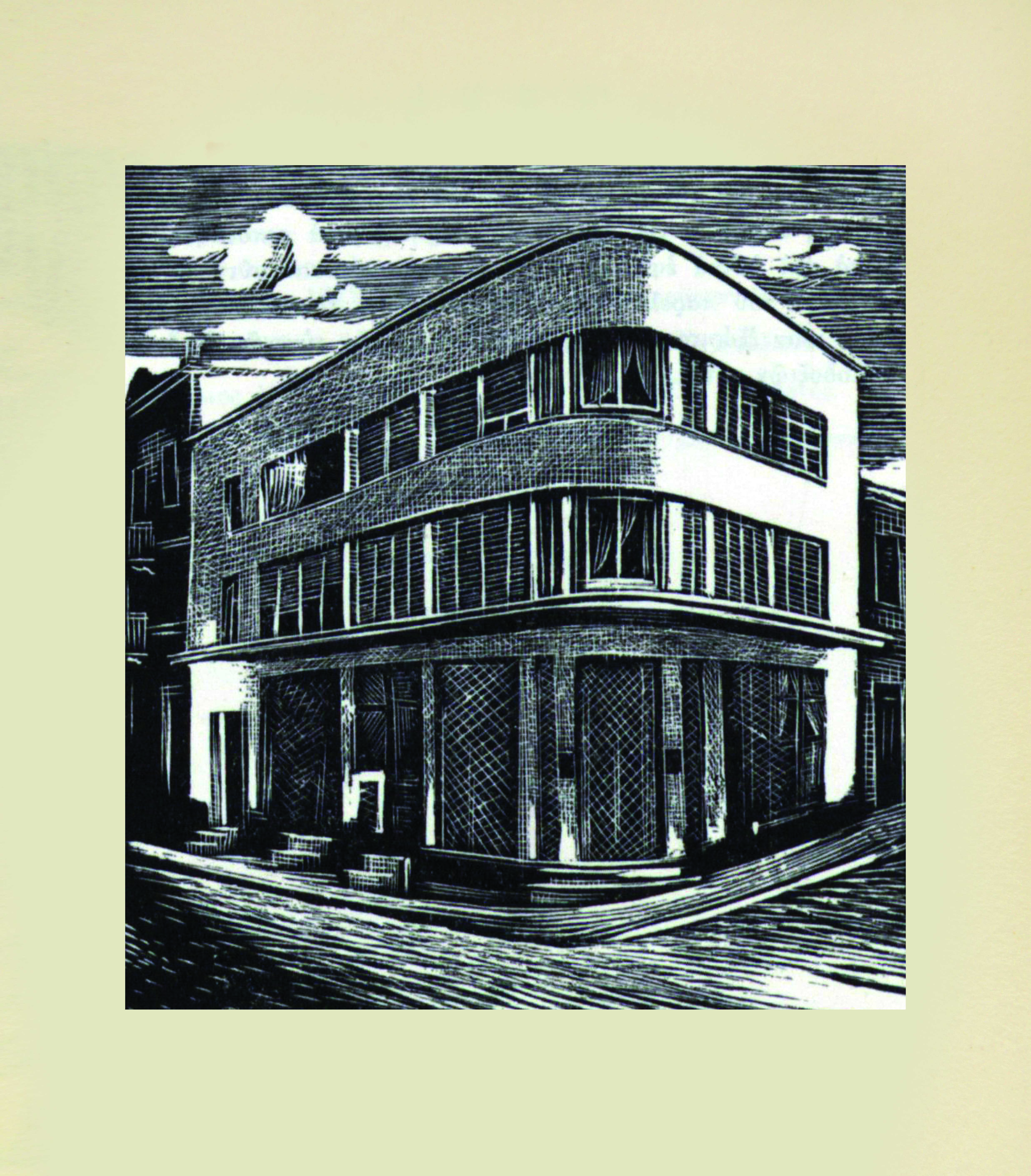 Wood engraving in black with the exterior of the Piraeus branch of Banque de Crédit Commercial Hellénique.  Wood engraving from volume for Banque de Crédit Commercial Hellénique, 1943