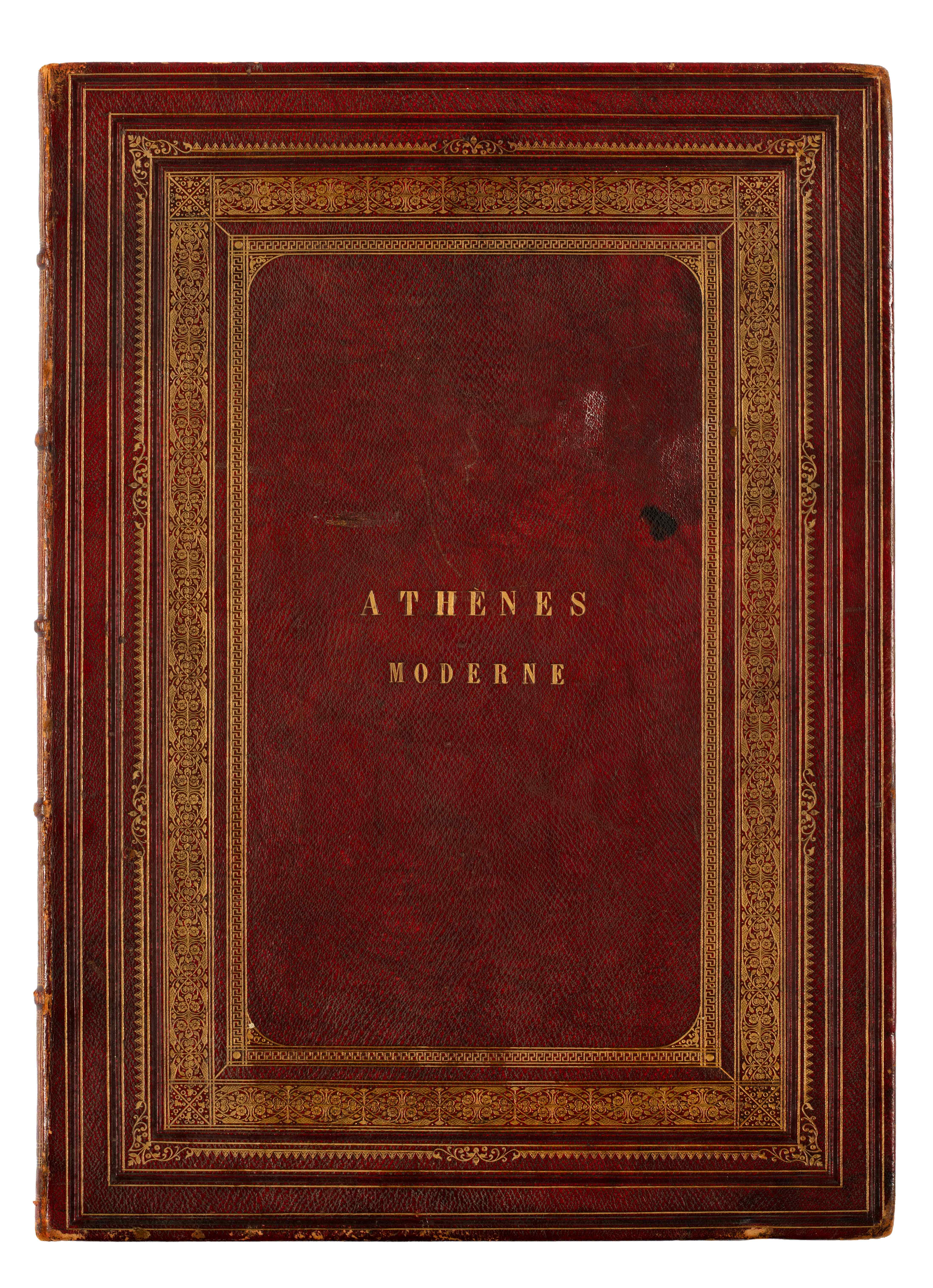 Brown leather cover with gold decorative elements and the French title “ATHÈNES MODERNE”.  Cover of the book Modern Athens