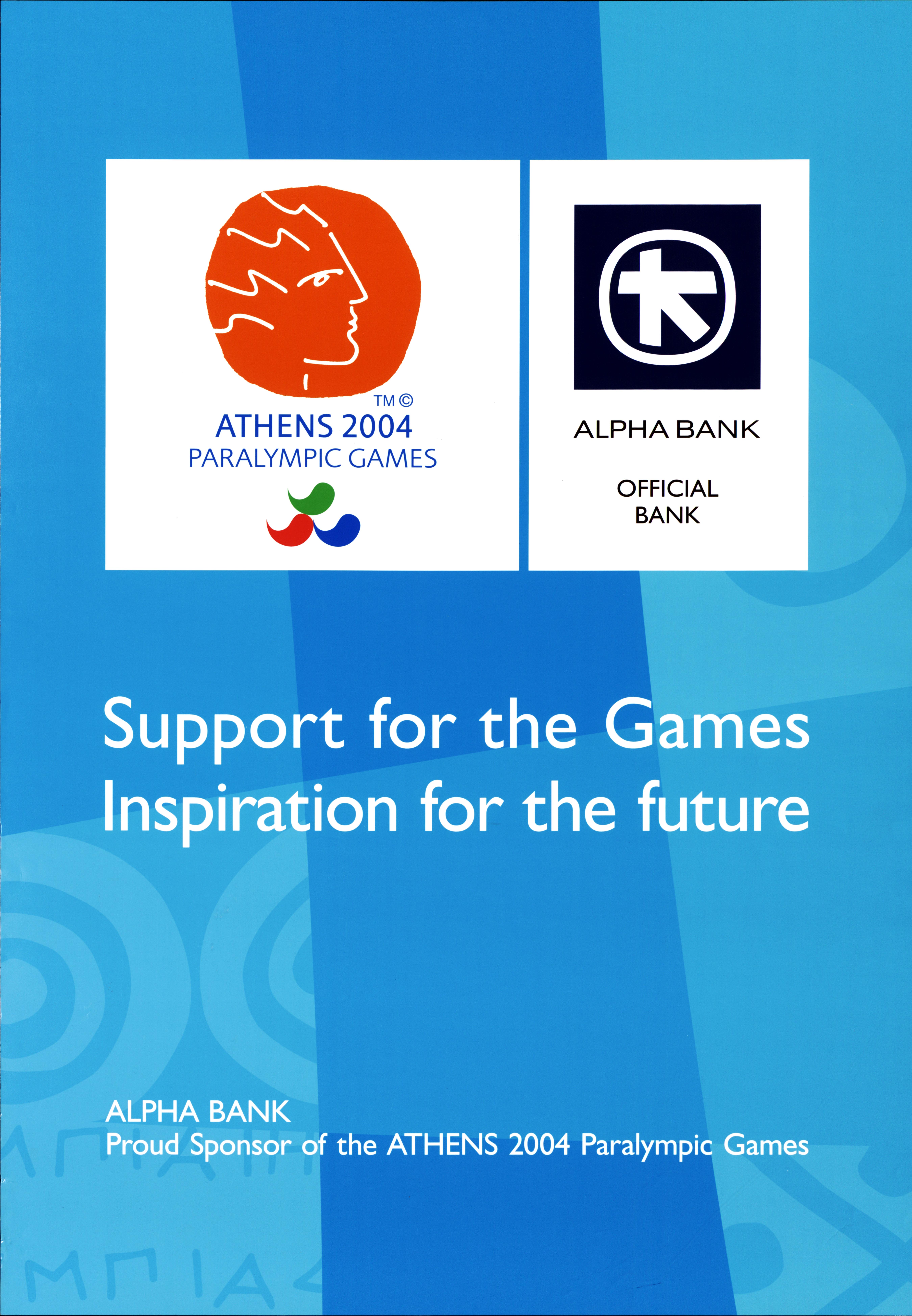 Light-blue-coloured poster for the Paralympics sponsorship bearing the Games and Alpha Bank logos.  Athens 2004 Silver VISA credit card in grey, with olive wreath and the Athens 2004 and Alpha Bank logos.