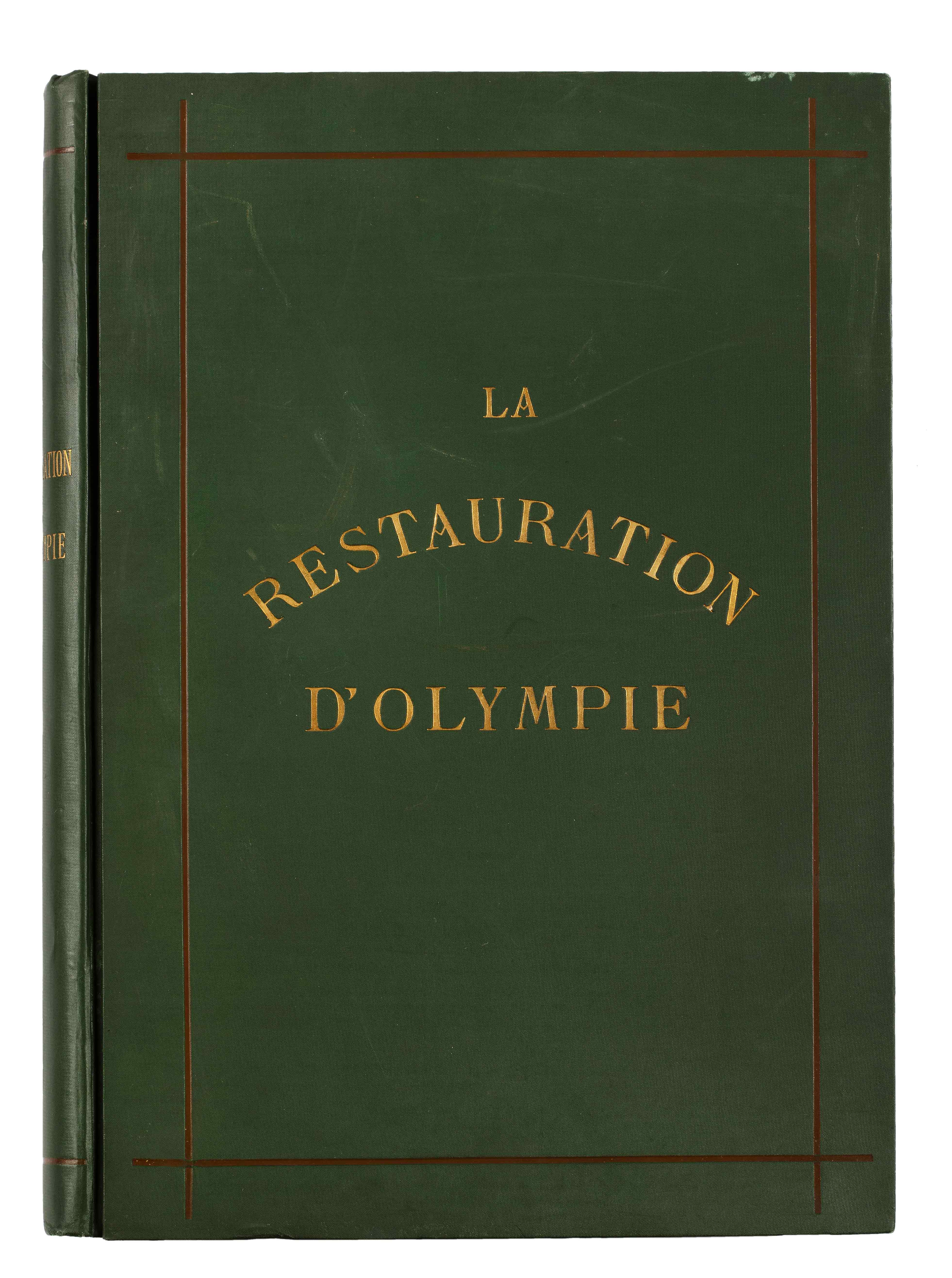 Dark green hardback cover with the title in golden letters.  Cover of Restauration d’Olympie