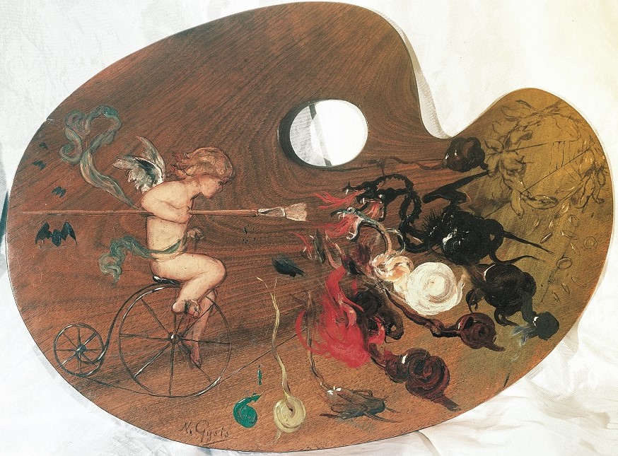 Σύνθεση σε παλέτα. Ο μικρός θεός Έρωτας πολεμά δράκους με πινέλο πάνω σε ποδήλατο.  Σύνθεση σε παλέτα. Ο μικρός θεός Έρωτας πολεμά δράκους με πινέλο πάνω σε ποδήλατο.