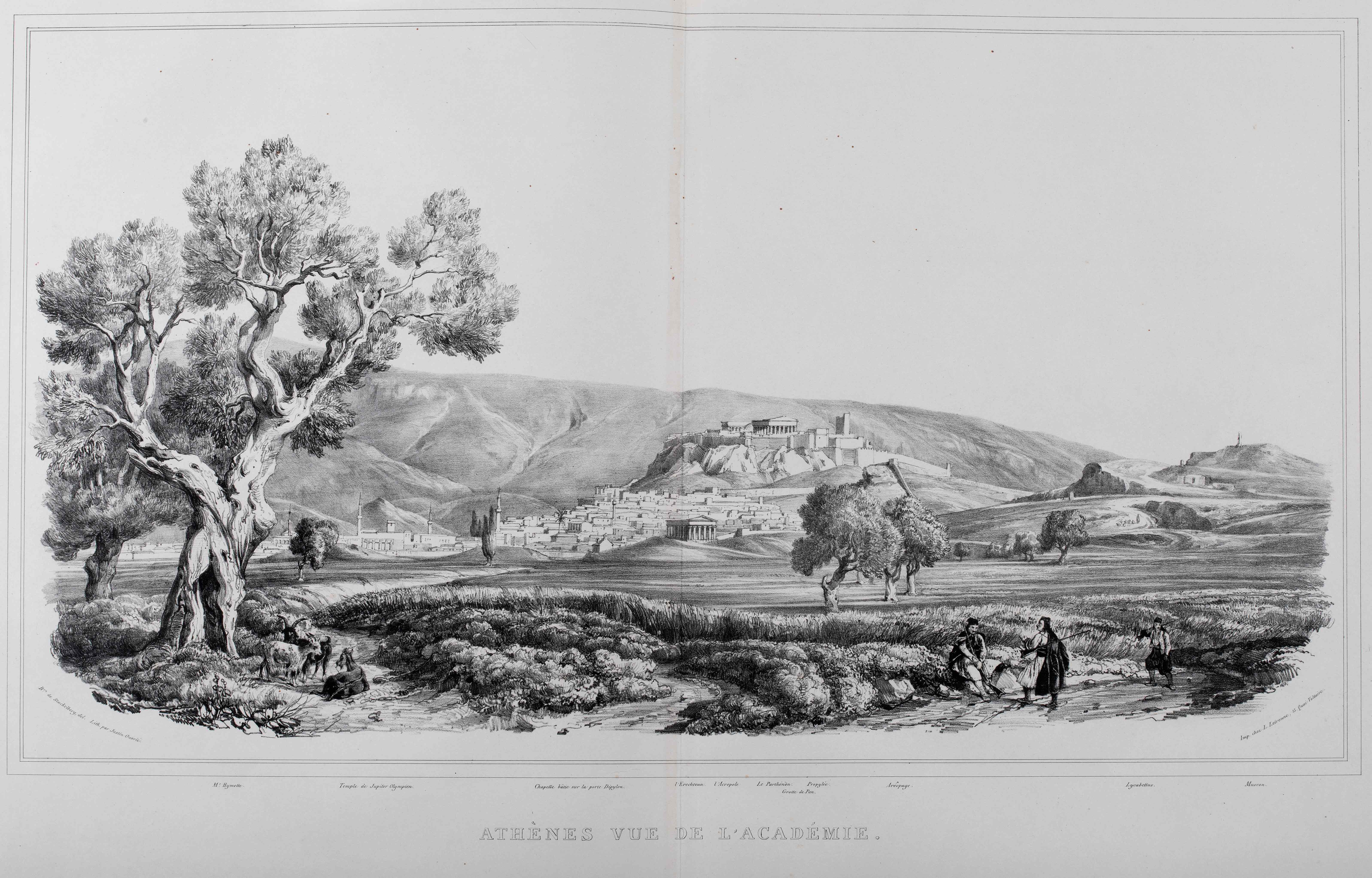 Page of Volume 2 with etching of Athens. The Acropolis, minarets, people and animals are visible. Page of the book La Grèce: vues pittoresques et topographiques – Vol. 2