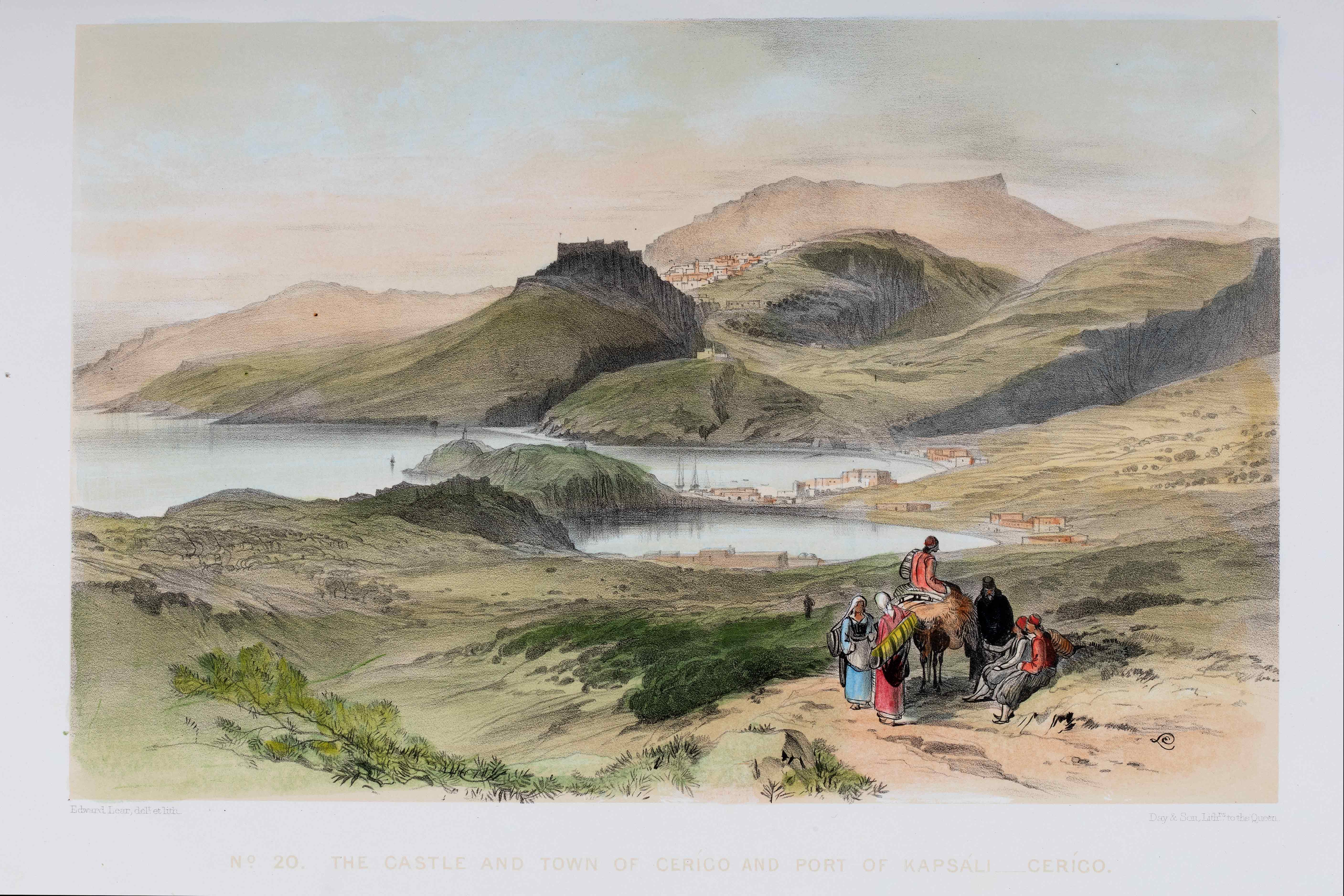 Colour drawing of the castle and the town of Kythira, with Kapsali Port.  Illustrations from the book Views in the Seven Ionian Islands