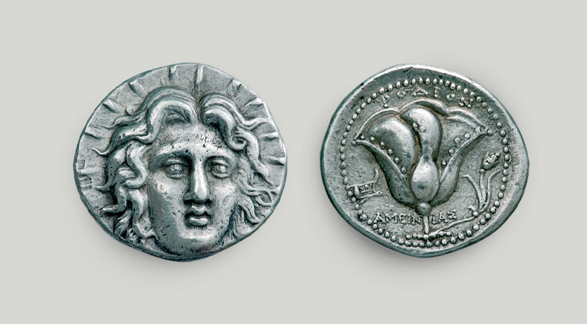 Two sides of Rhodian silver tetradrachm. 
