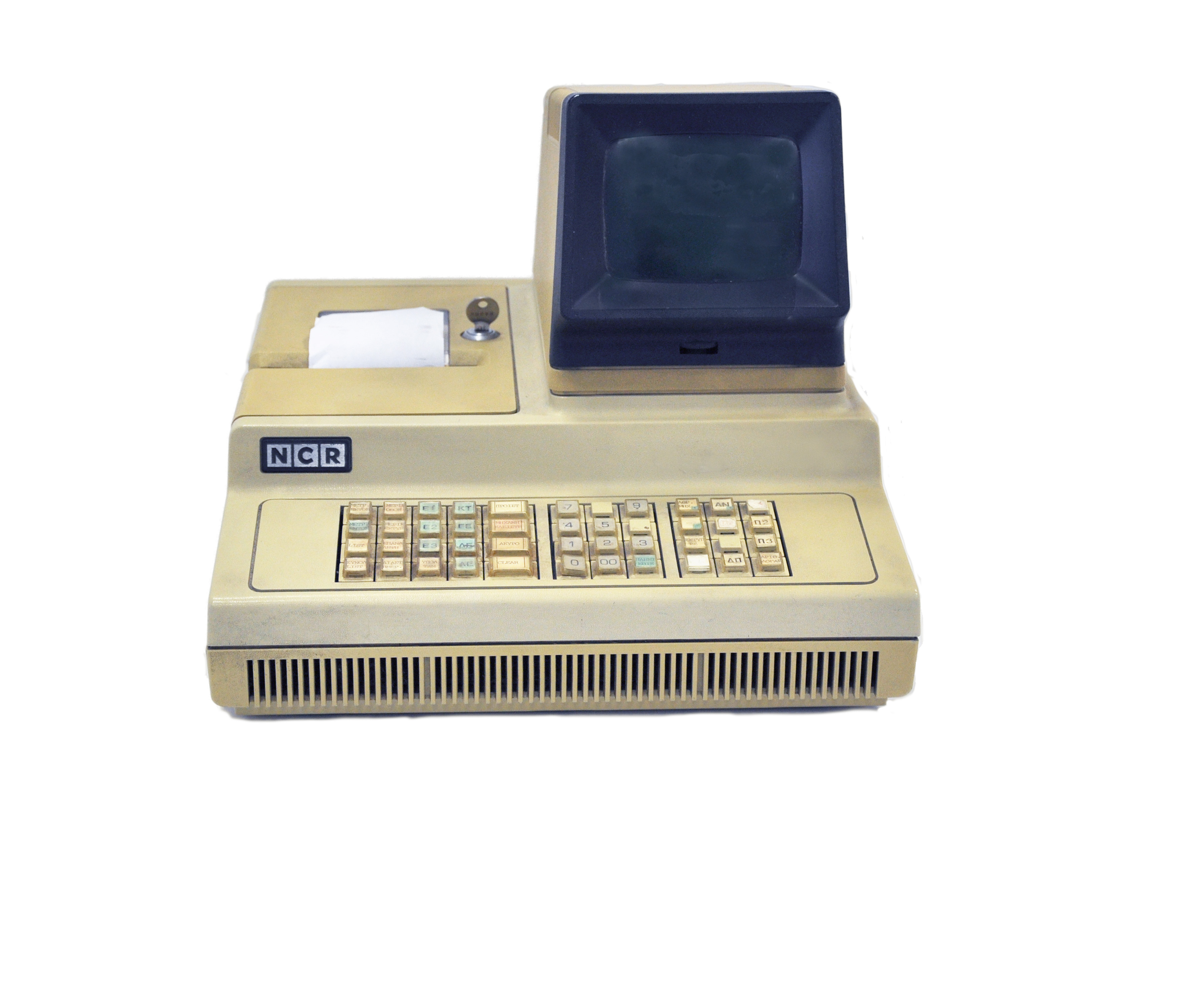 NCR desktop electronic accounting machine with small monitor and key.  Desktop electronic accounting machine