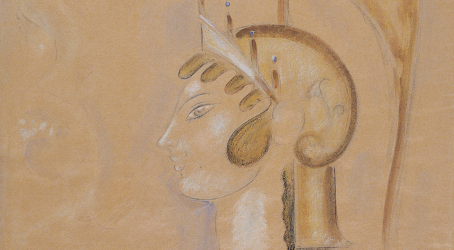 Detailed side view of goddess Athena, wearing a helmet.  Detailed side view of goddess Athena, wearing a helmet.