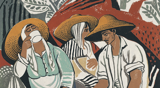 Λεπτομέρεια έγχρωμης ξυλογραφίας με αγρότες που ξεκουράζονται στη φύση. Οι μορφές φορούν λευκά ρούχα και κίτρινα καπέλα. 