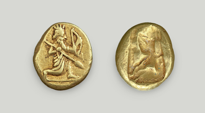 Two sides of Daric – gold stater of the Achaemenid Empire