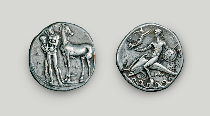 Two sides of Tarentum stater. On the obverse youth next to horse with attendant, on the reverse hero on dolphin swimming on waves.  Two sides of Tarentum silver stater
