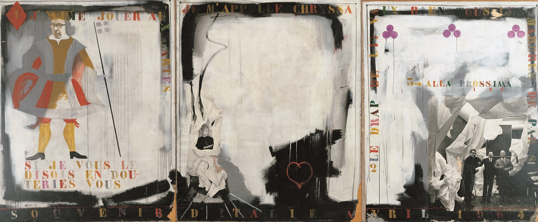 Successively, the artist, his wife, and 3 men on a white-grey background, in a mix of painting and photography. Souvenir d’ Italie by Nikos Kessanlis