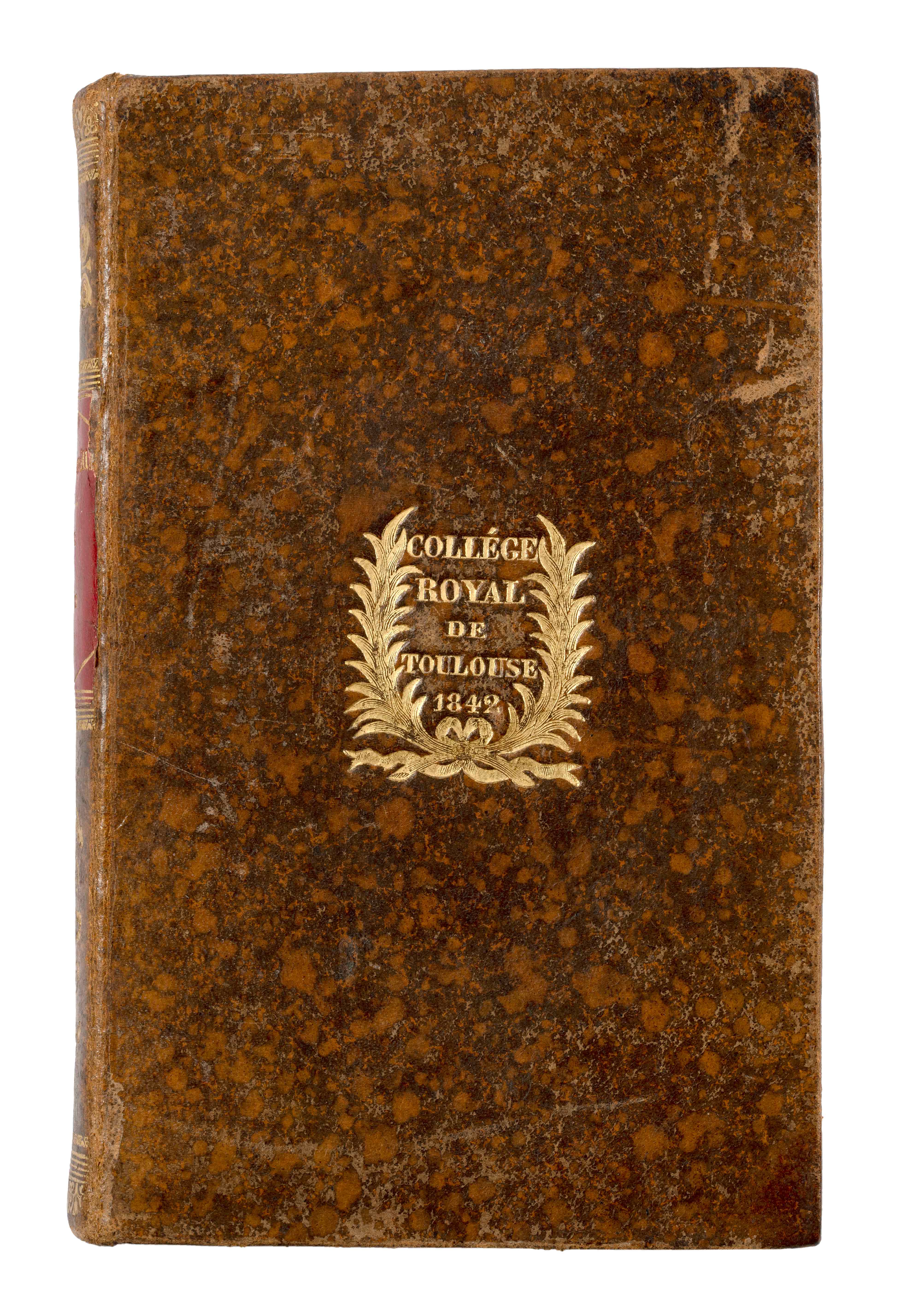 Brown leather cover with golden leaf decorations, and the title Collège Royal de Toulouse 1842 in the middle.  Book cover of Voyage de la Grèce