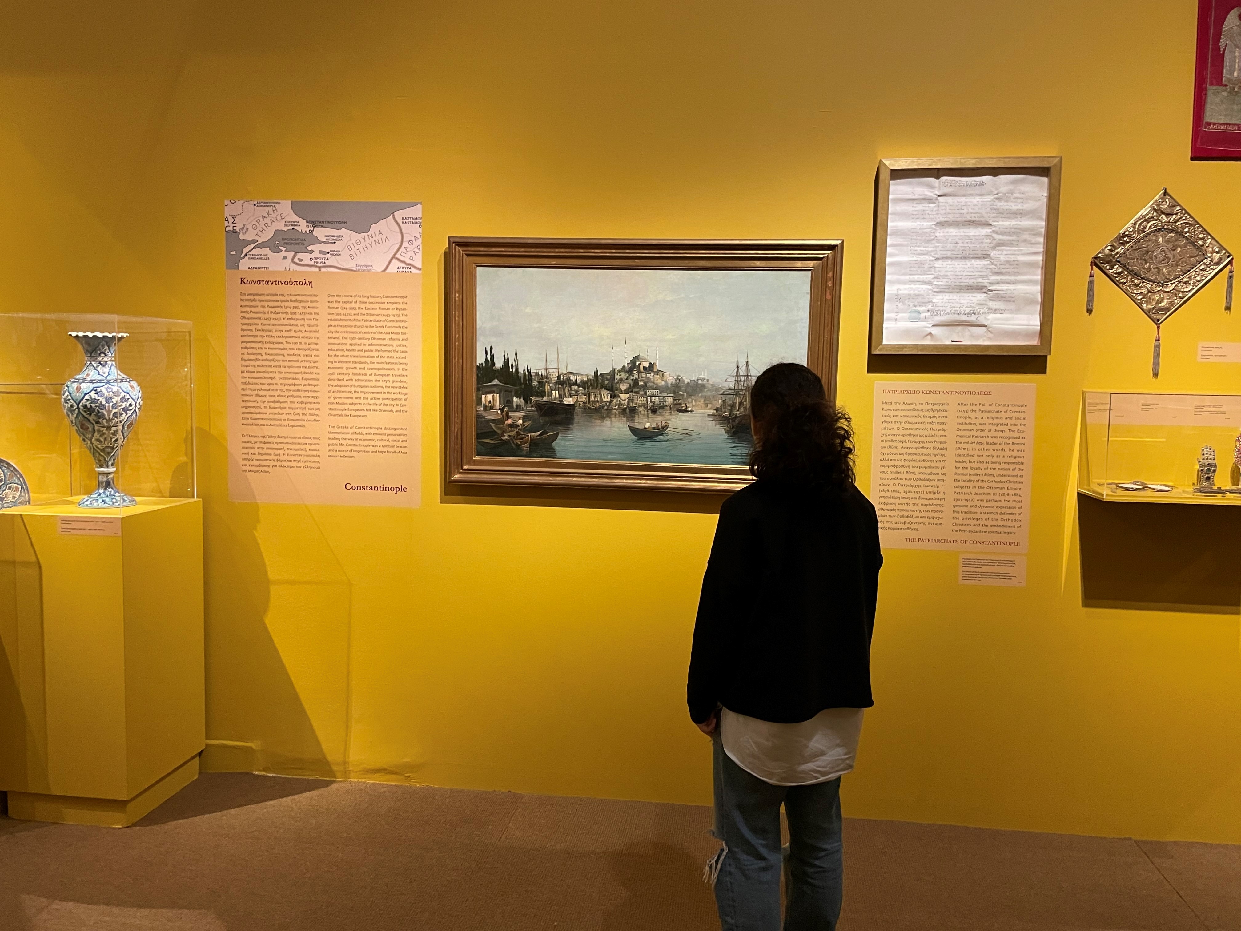 Visitor observing a painting of Constantinople. On the left and right, info posters.  Participation “Asia Minor: Splendour – Catastrophe – Uprooting – Regeneration”