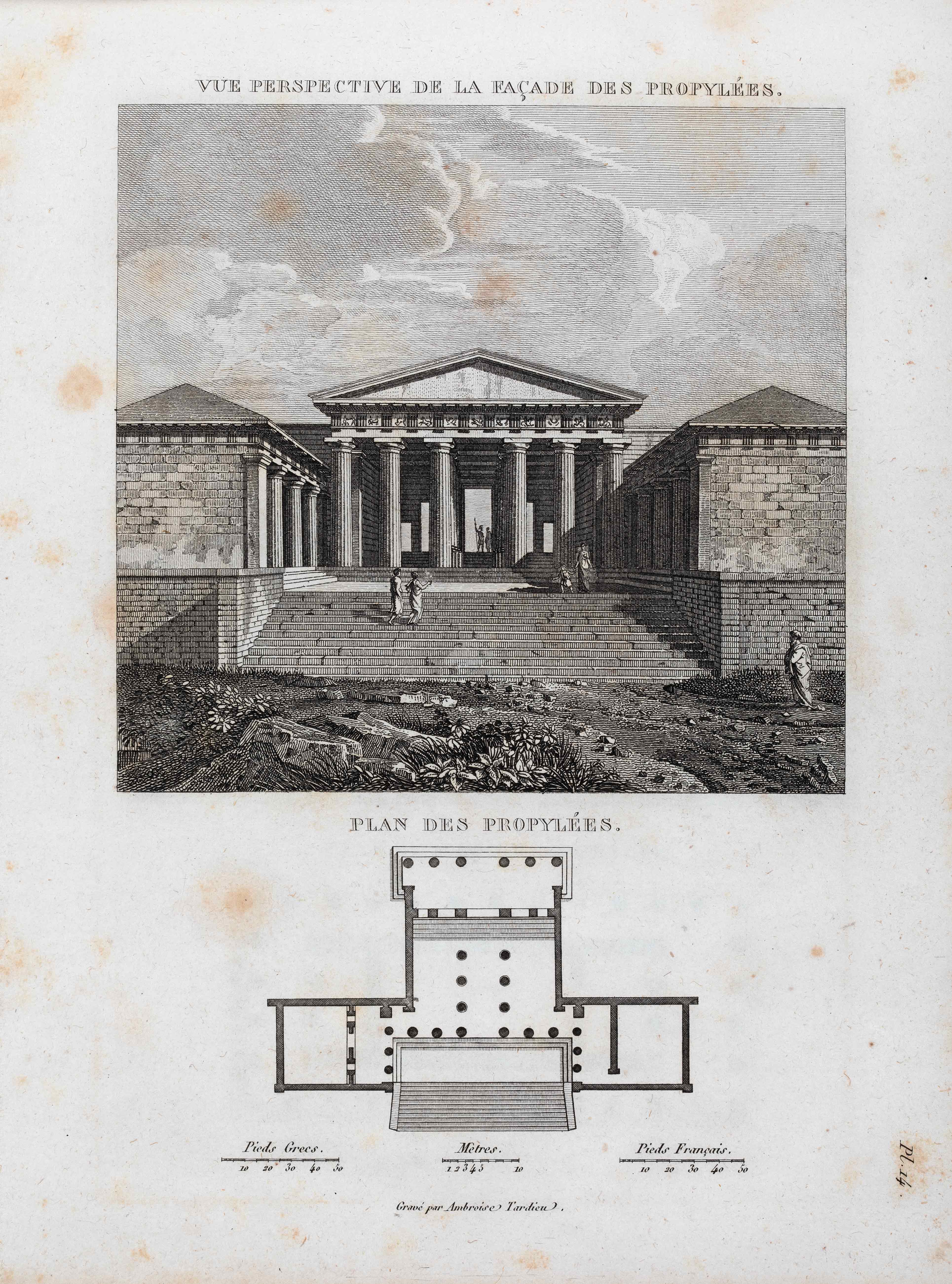 Etching depicting a front view of the Acropolis Propylaea. Below an architectural drawing. Page from the book Voyage du jeune Anacharsis en Grèce