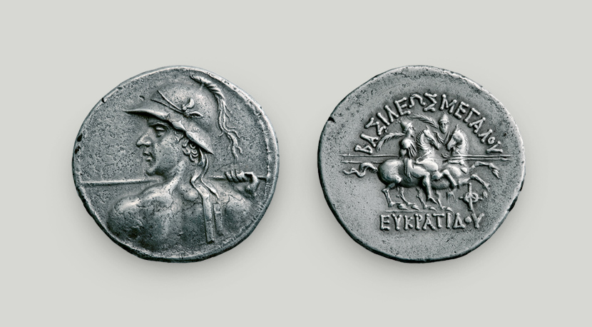 Two sides of silver tetradrachm of Eucratides I, Bactria 