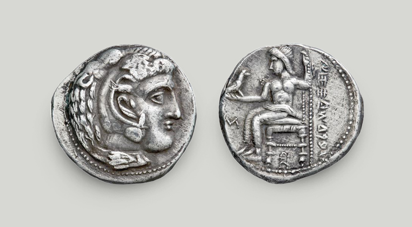 Left: on the obverse, a head of Heracles; right: on the reverse, Zeus on his throne.  Celtic silver tetradrachm, Danube area