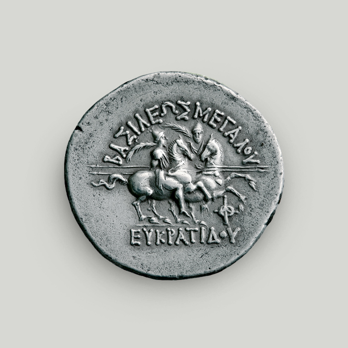 Reverse of silver tetradrachm of Eucratides I, Bactria 