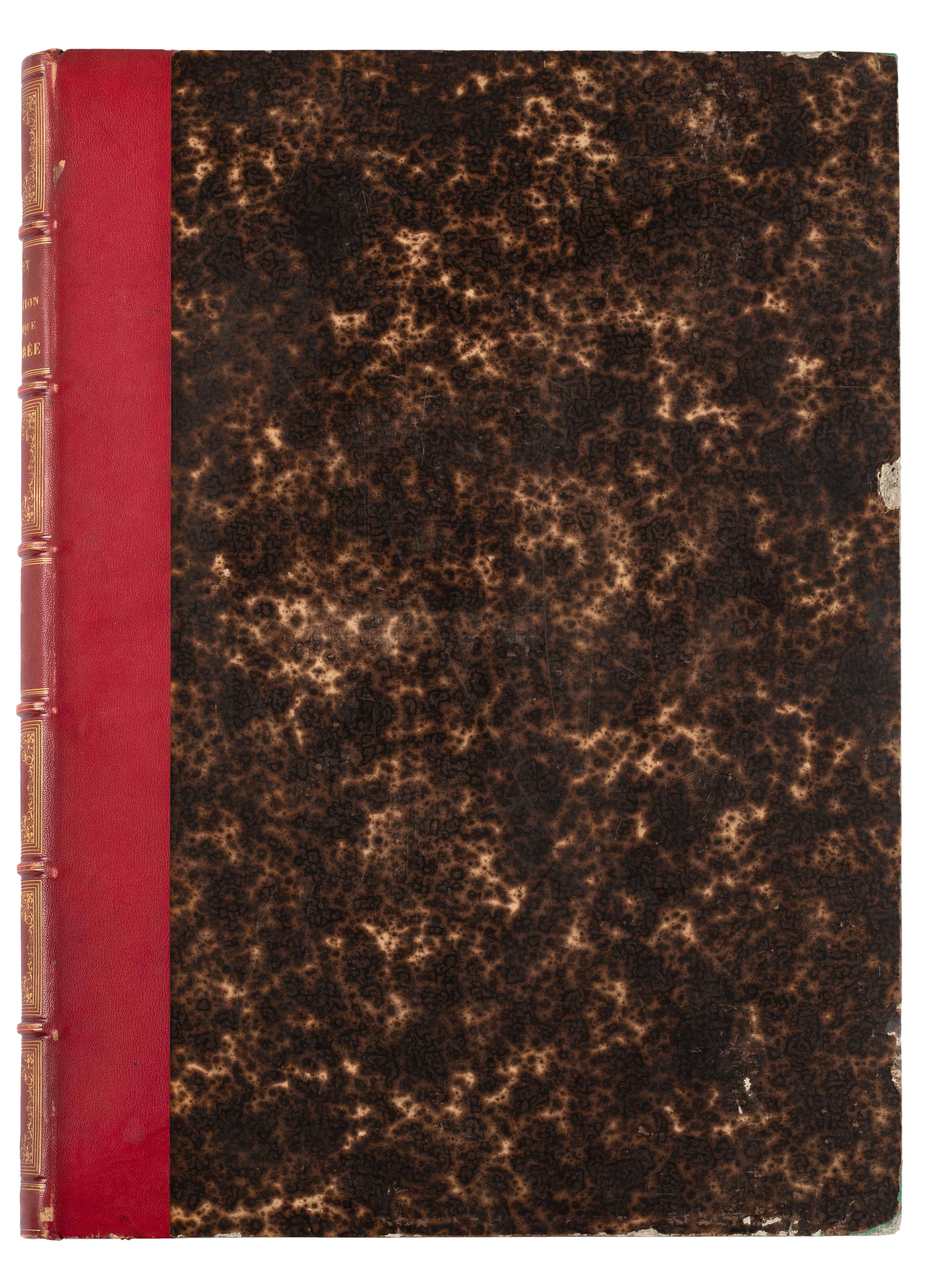 Hardback cover of the book Expédition scientifique de Morée with a red spine. Cover of the book Expédition scientifique de Morée