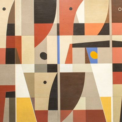 Detail of geometric composition with curved motifs which depicts a commercial port.