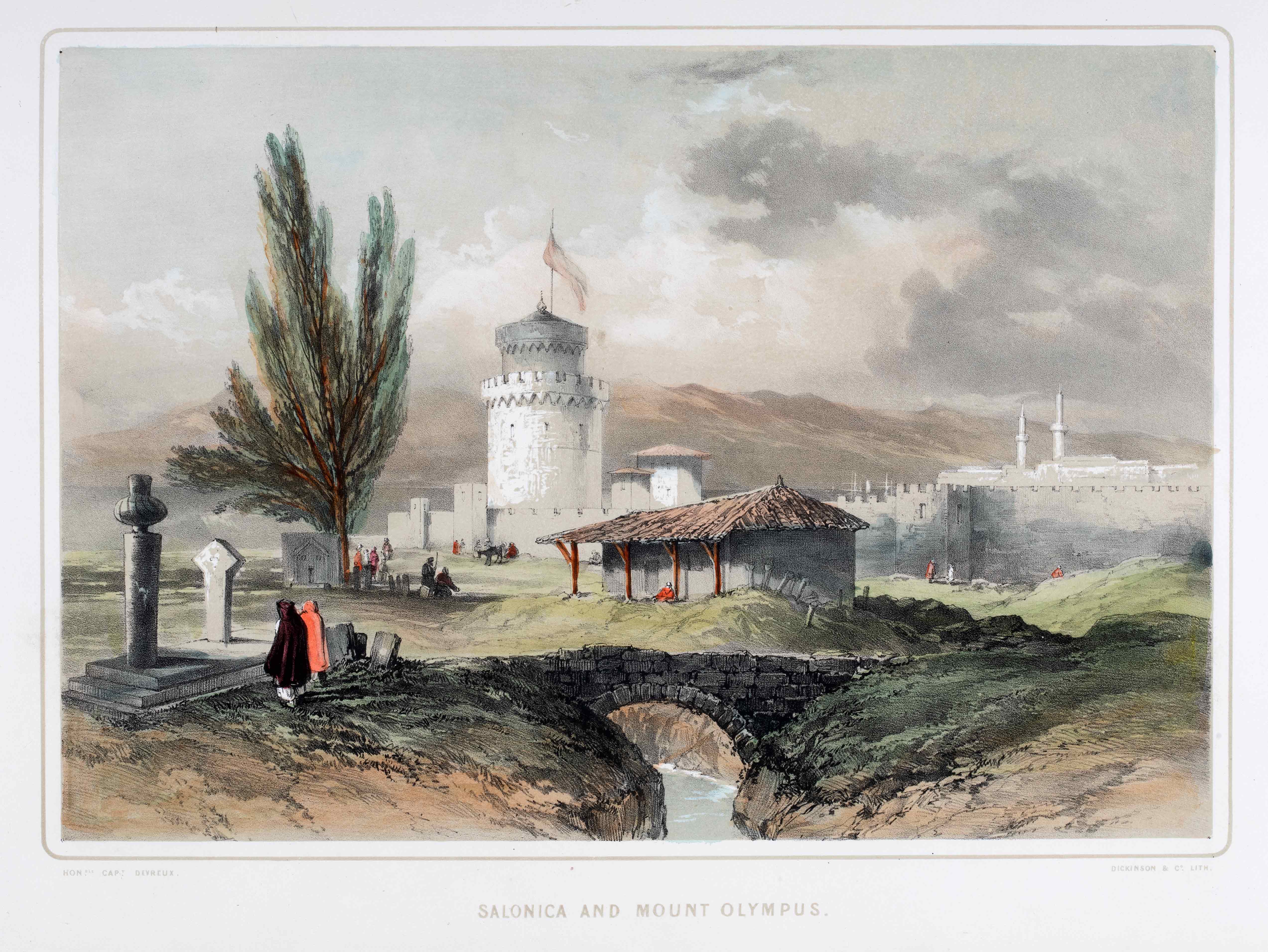 A page of the Views on the Shores of the Mediterranean showing a colour picture of the White Tower of Thessaloniki.  Page of the book Views on the Shores of the Mediterranean